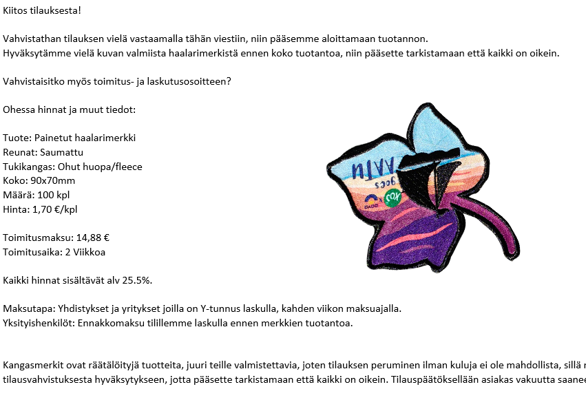 Illustrated email featuring a blue flower-shaped logo with NINY text, surrounded by order confirmation and production details.