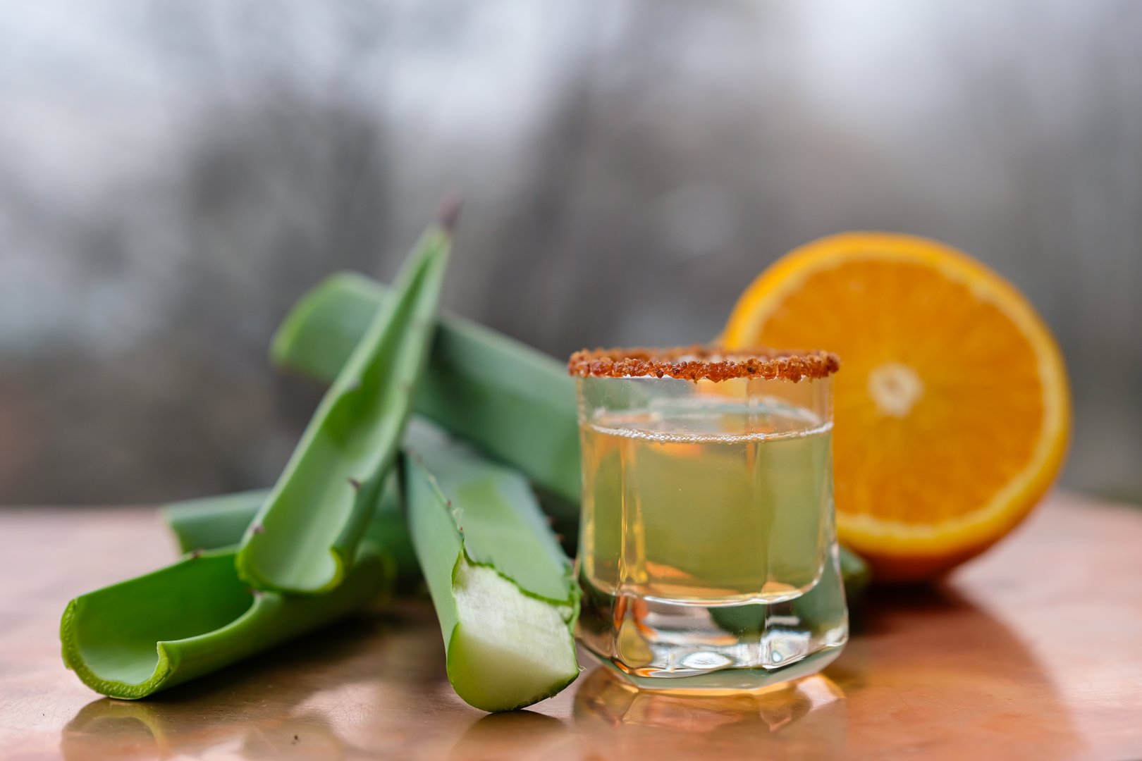 Mezcal Mexican drink with worm salt. Agave leaves, orange slice. Copper surface. Foggy blurred nature background.