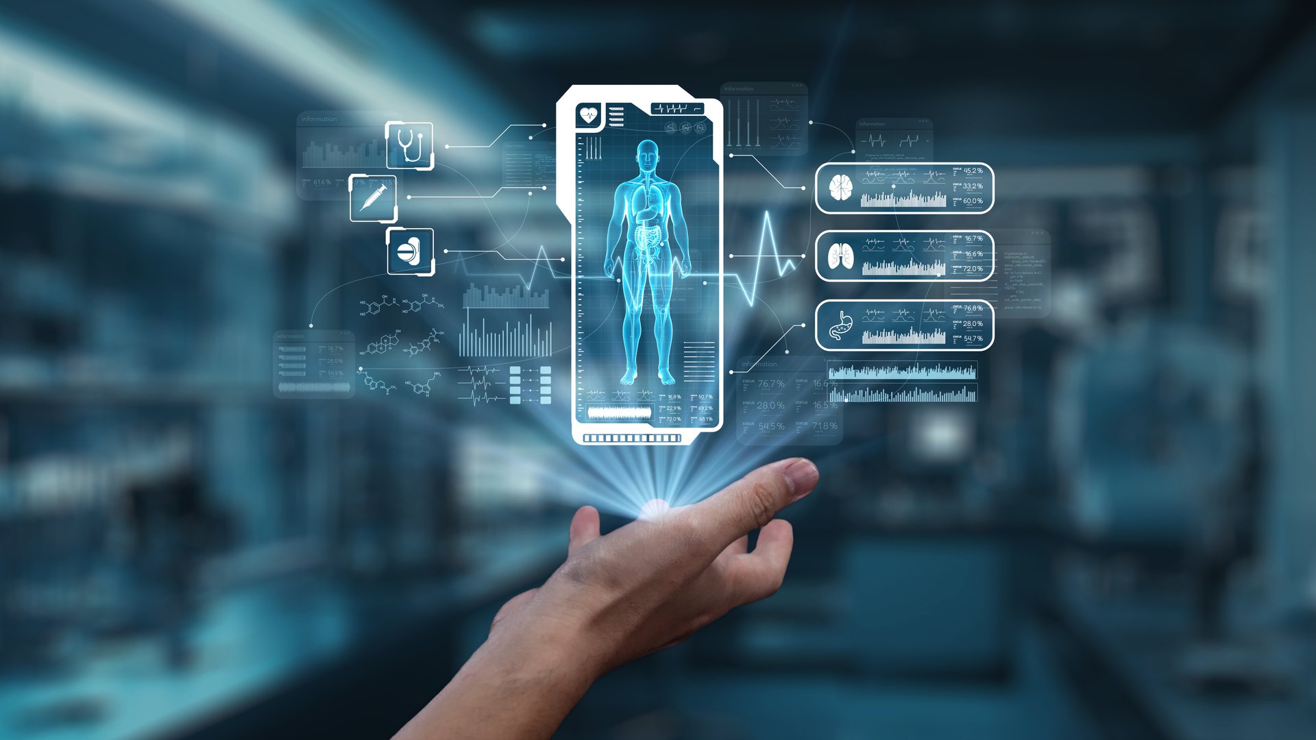 Close up of hand holding human anatomy holographic floating at laboratory background. Hand accessing and connecting medical data by using x ray icon to analyzing and diagnosis symptom. Salubrious.