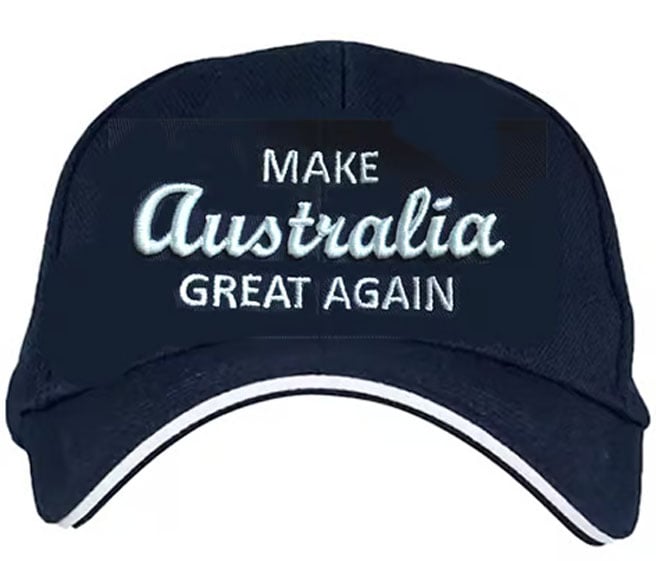 A navy baseball cap with "MAKE AUSTRALIA GREAT AGAIN" embroidered in white letters on the front panel.