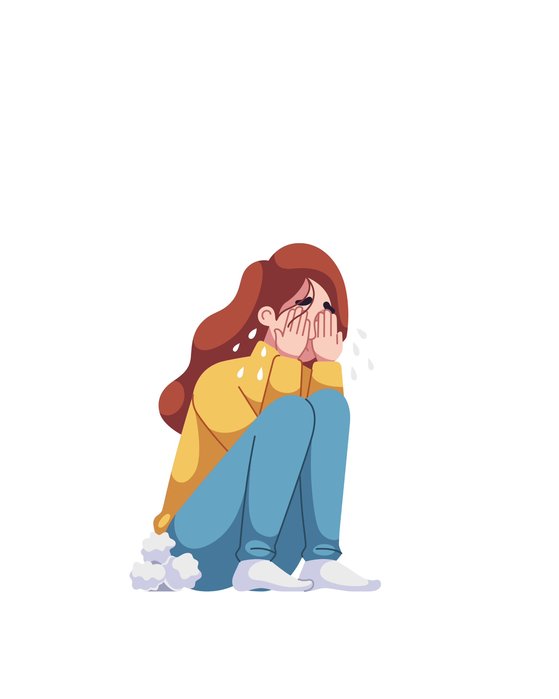 Illustration of a person sitting and crying, with tears falling, hands covering face, and crumpled paper nearby.