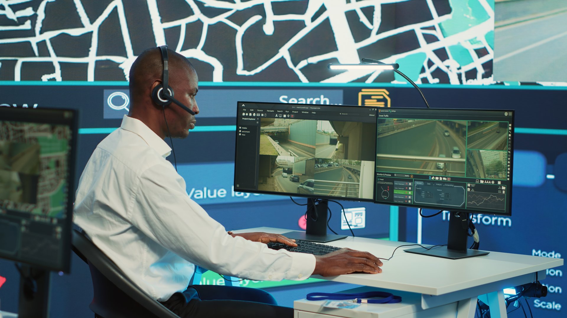 Operator uses satellite navigation map to guide delivery truck drivers, works in observation room to avoid traffic. African american employee tracing orders within the surveillance system. Camera A.