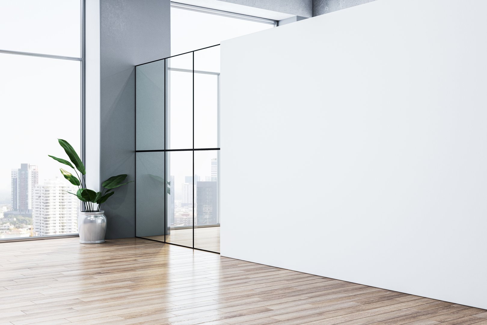 Minimalist interior with white wall, glass partition, wooden floor, large windows showcasing city view, and potted plant. Clean and modern design. 3D Rendering.