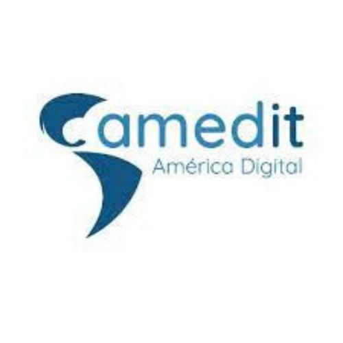 Logo of Camedil América Digital with a stylized C resembling a whales tail in blue.