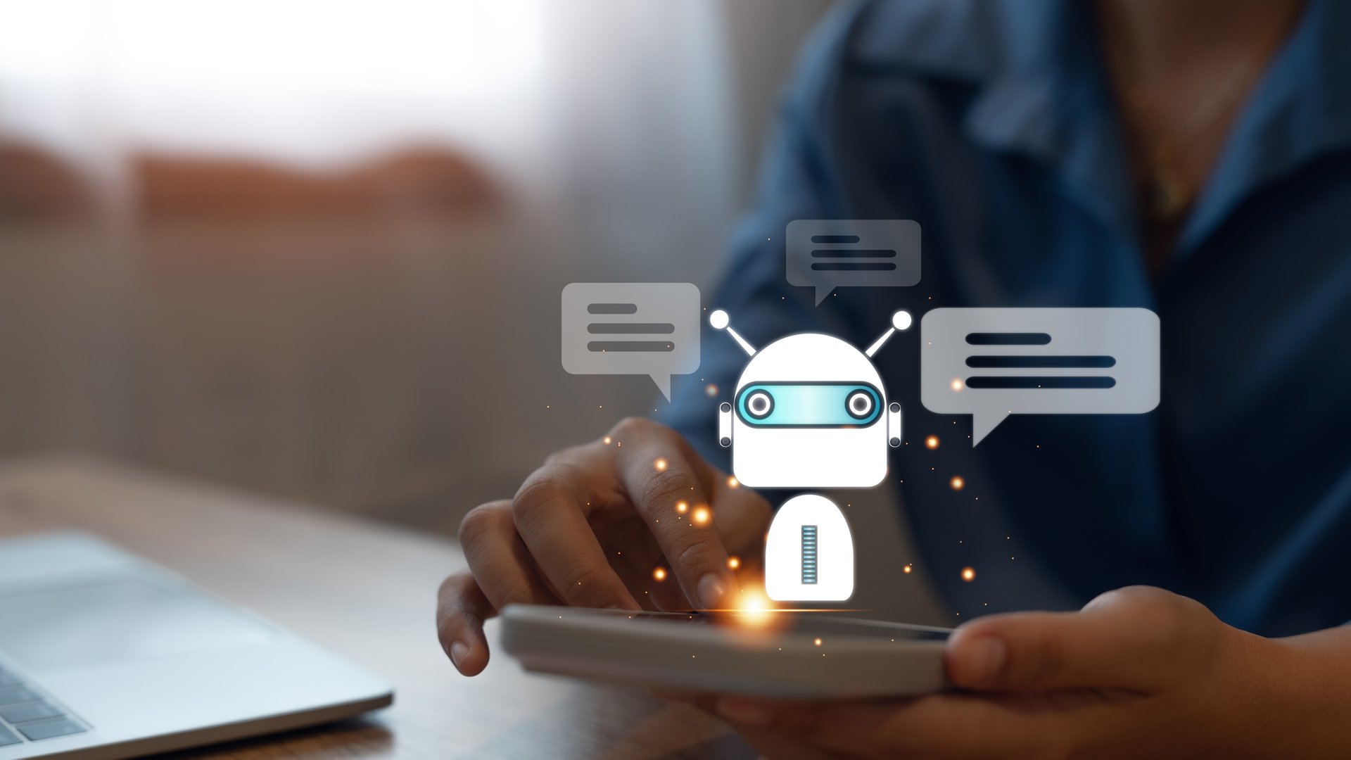 Digital chatbot, conversation assistant, artificial intelligence AI. Woman using mobile smartphone talking with customer service.