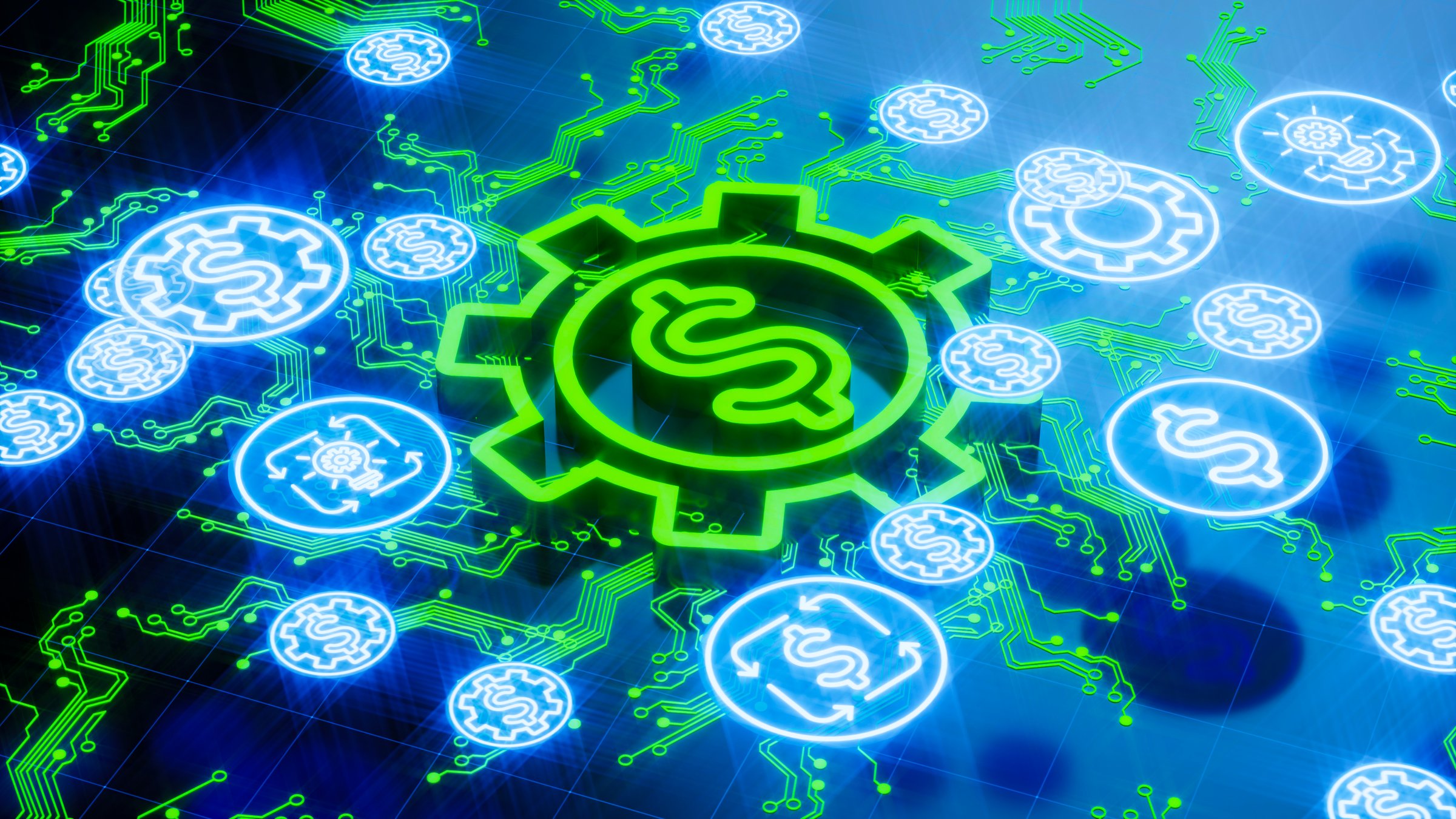 Glowing cryptocurrency network, neon green dollar symbol, blue blockchain links, futuristic finance tech, global economy, cyberpunk aesthetic. 3D render.