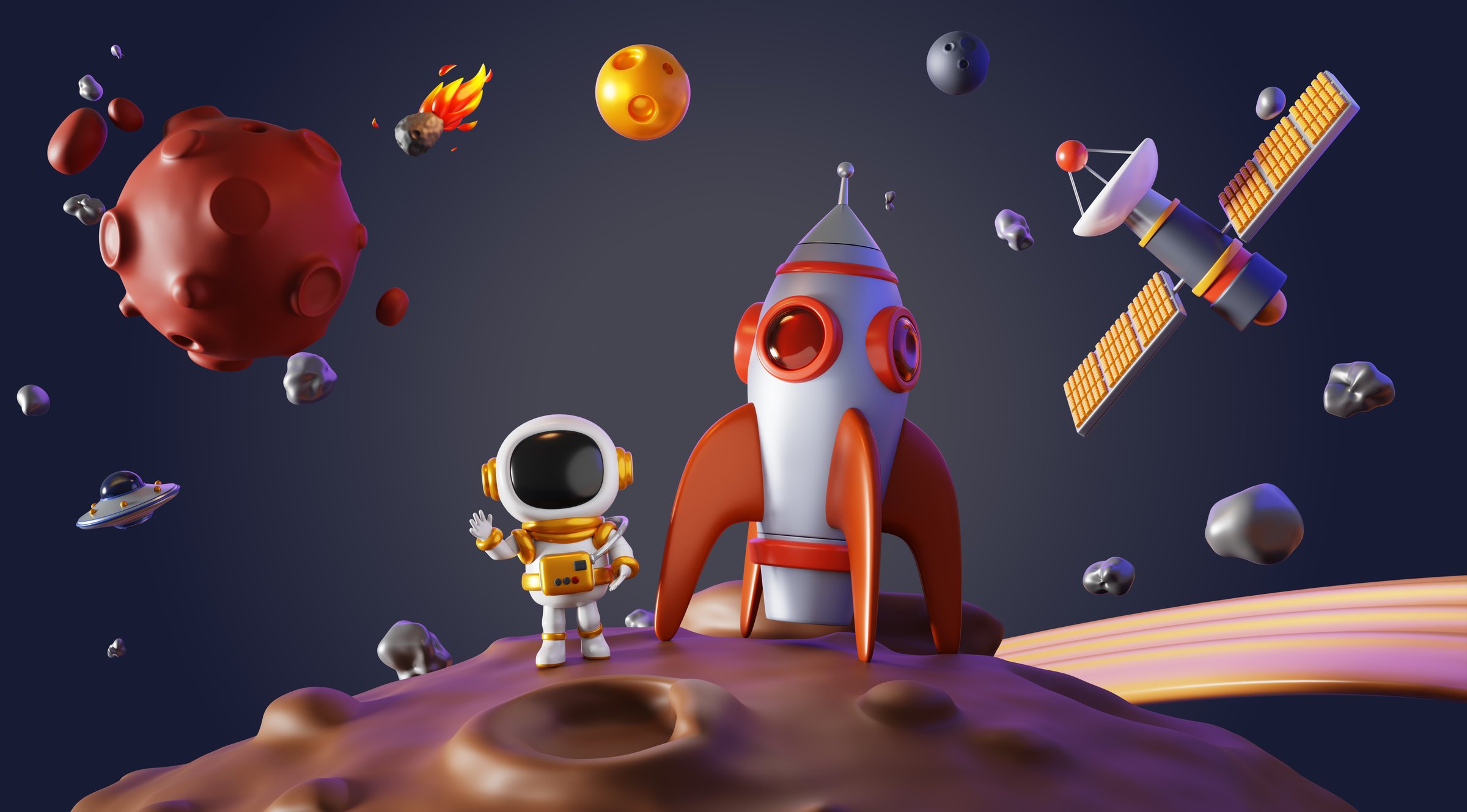 3d astronaut and rocket on Moon surface. Cartoon render spaceman in spacesuit waving in outer space, standing on alien planet landscape with craters, asteroids, satellite in night sky. 3D illustration