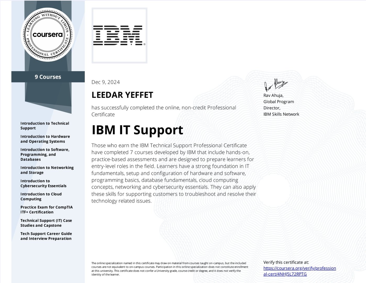 IBM IT Support certificate awarded to Leedar Yeffet on Dec 9, 2024, for completing a non-credit professional certificate.