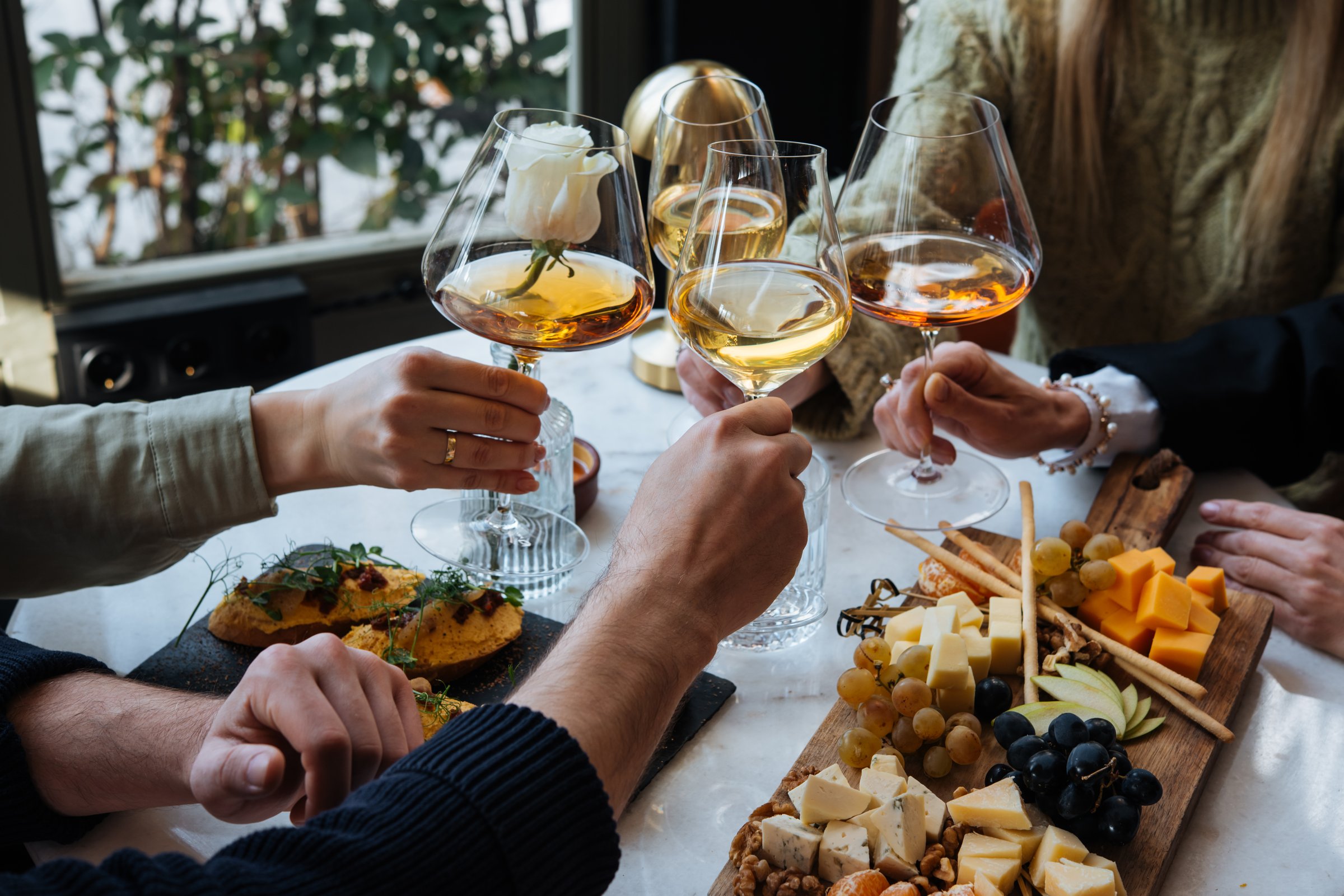 Friends having a dinner party with different kinds of appetizers and wine.