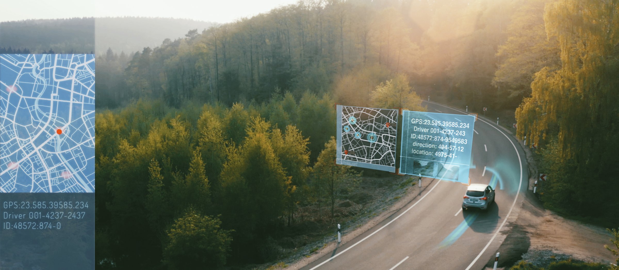 Autonomous Electric car driving on a forest highway with technology assistant tracking information, showing details. Visual effects clip
