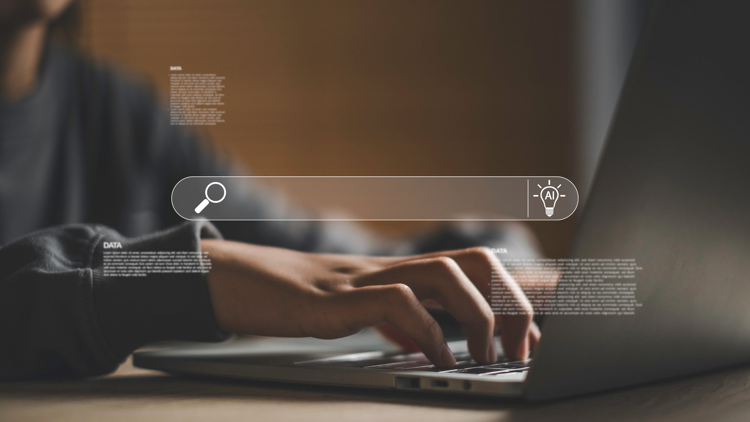 AI search data and assistant with user typing on laptop and virtual search bar, symbolizing artificial intelligence, smart assistant, information analysis, big data insights, and digital solutions.