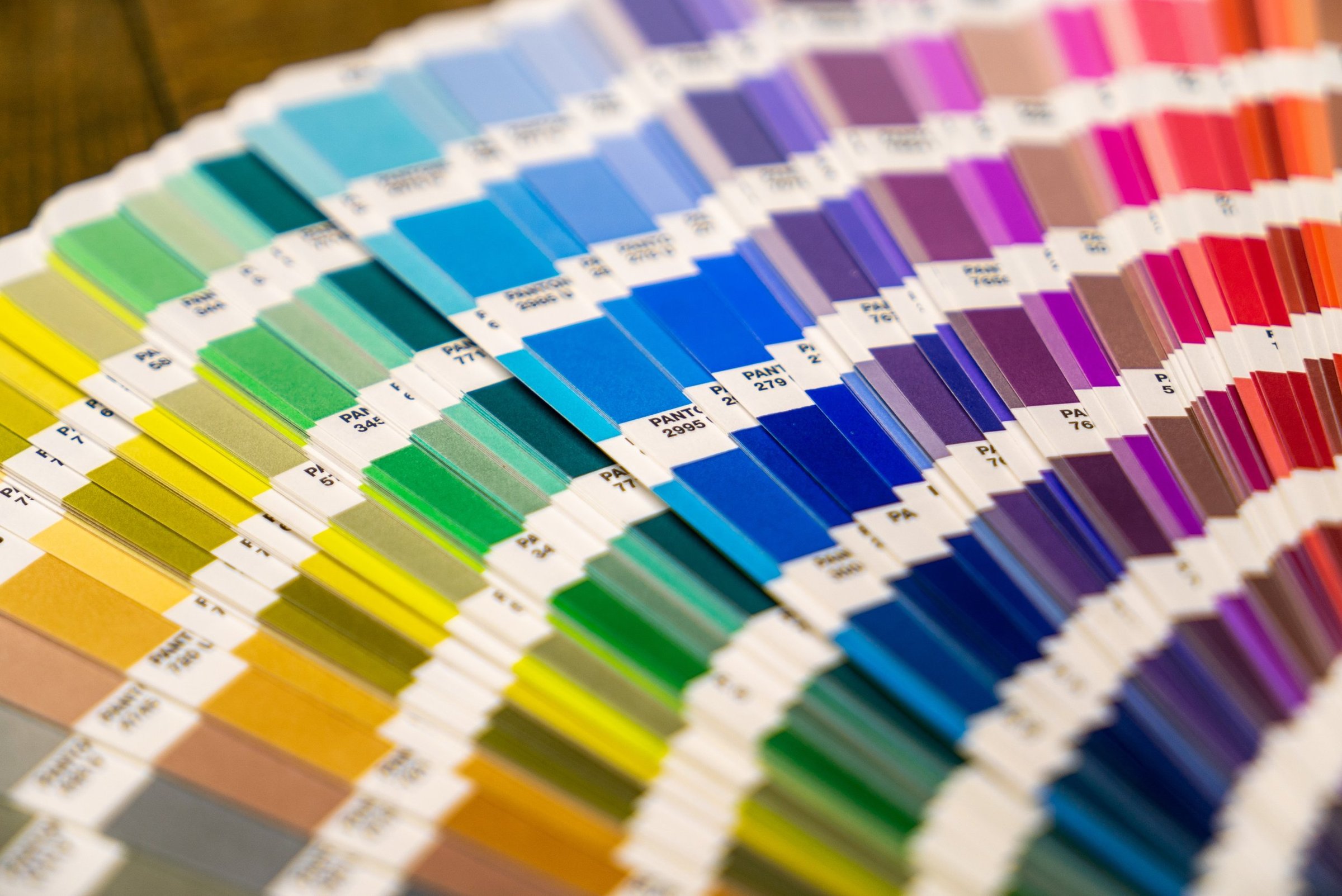 A spread of colorful paint swatches in various hues, arranged in a fan shape.