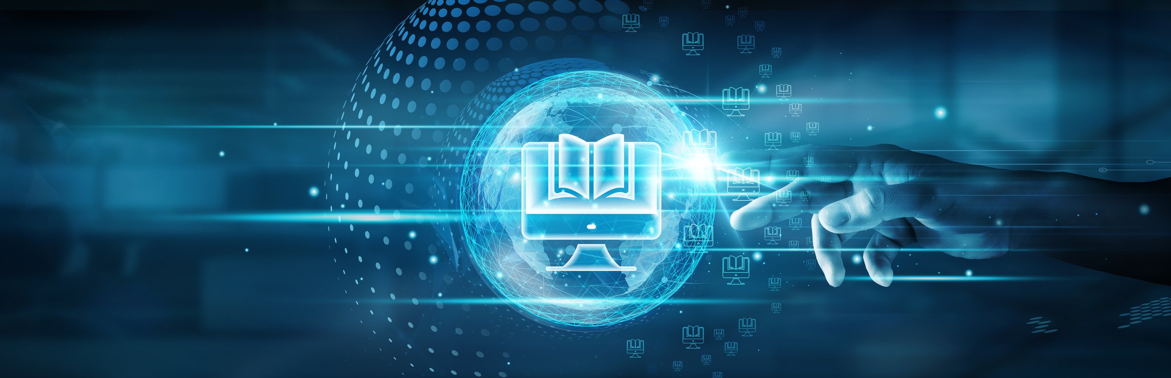 E-learning. Hand touching global network connection and accessing online educational platforms, sharing knowledge worldwide, participating in virtual classrooms, enhancing digital literacy.