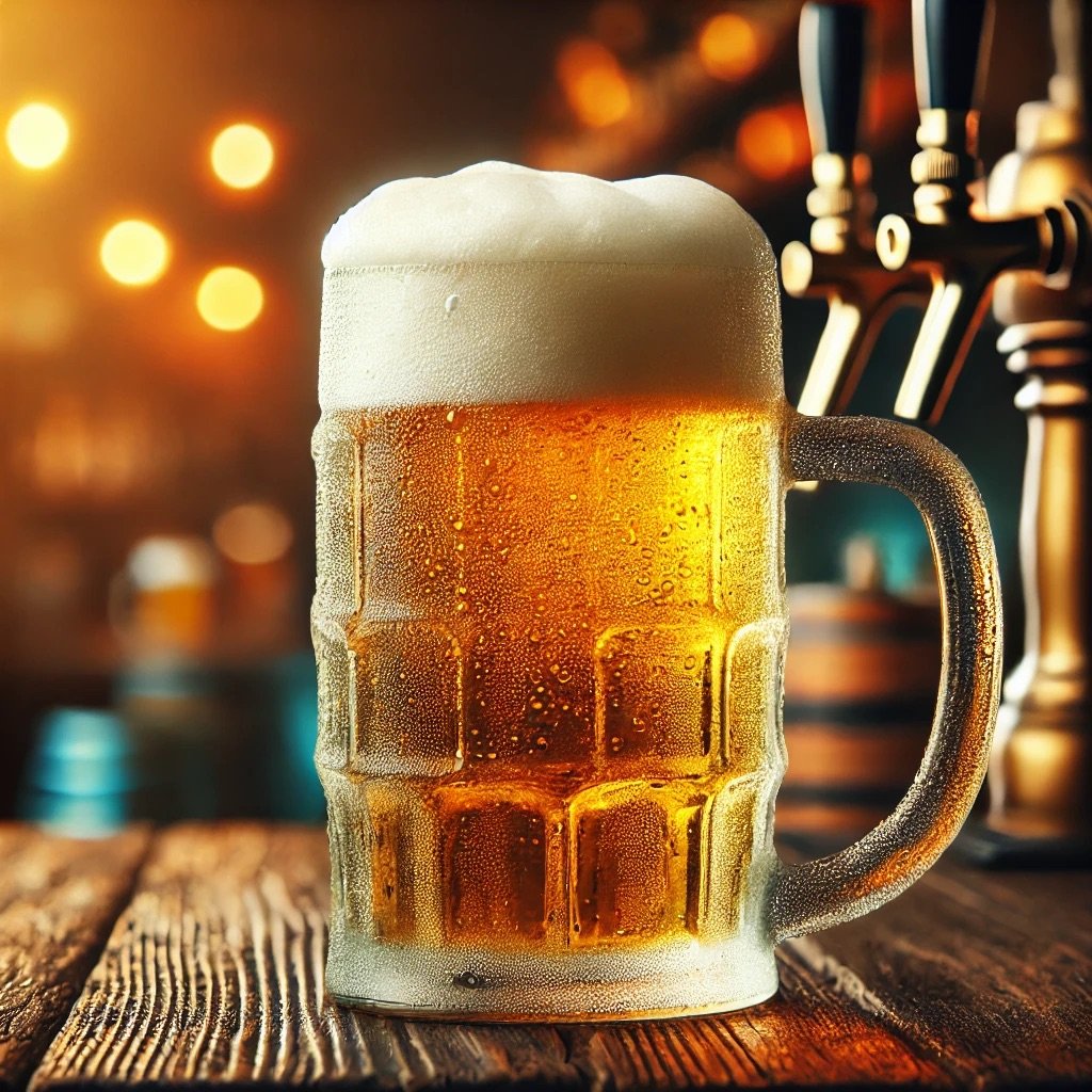 Frosty beer mug with foam on a wooden table, warm ambient lighting, and blurred taps in the background.