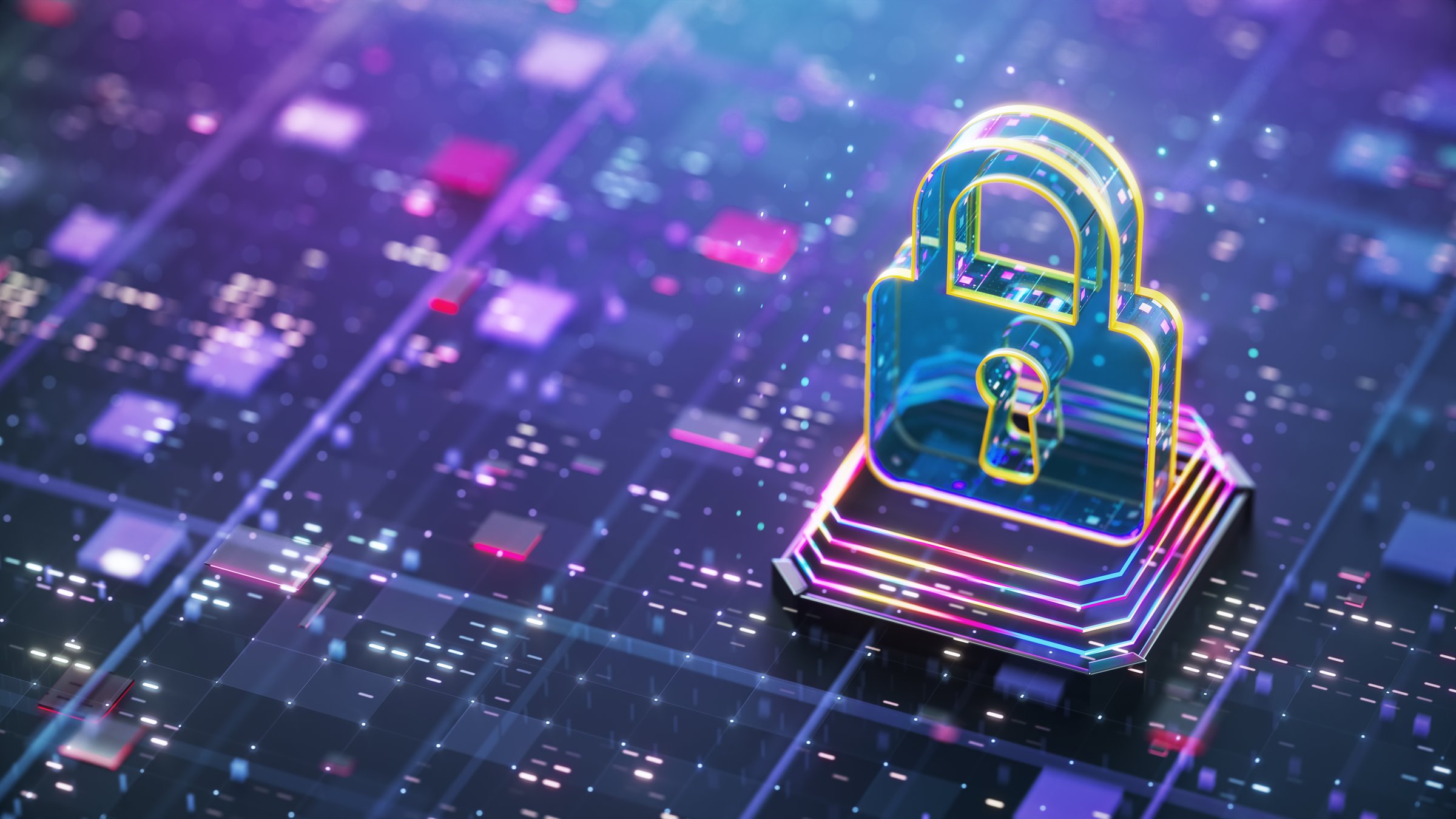 Digital security concept. Digital shield firewall with central computer processor and futuristic motherboard.