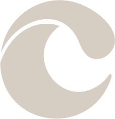 A stylized, circular wave icon in beige tones, resembling a cresting ocean wave or a swirl pattern.