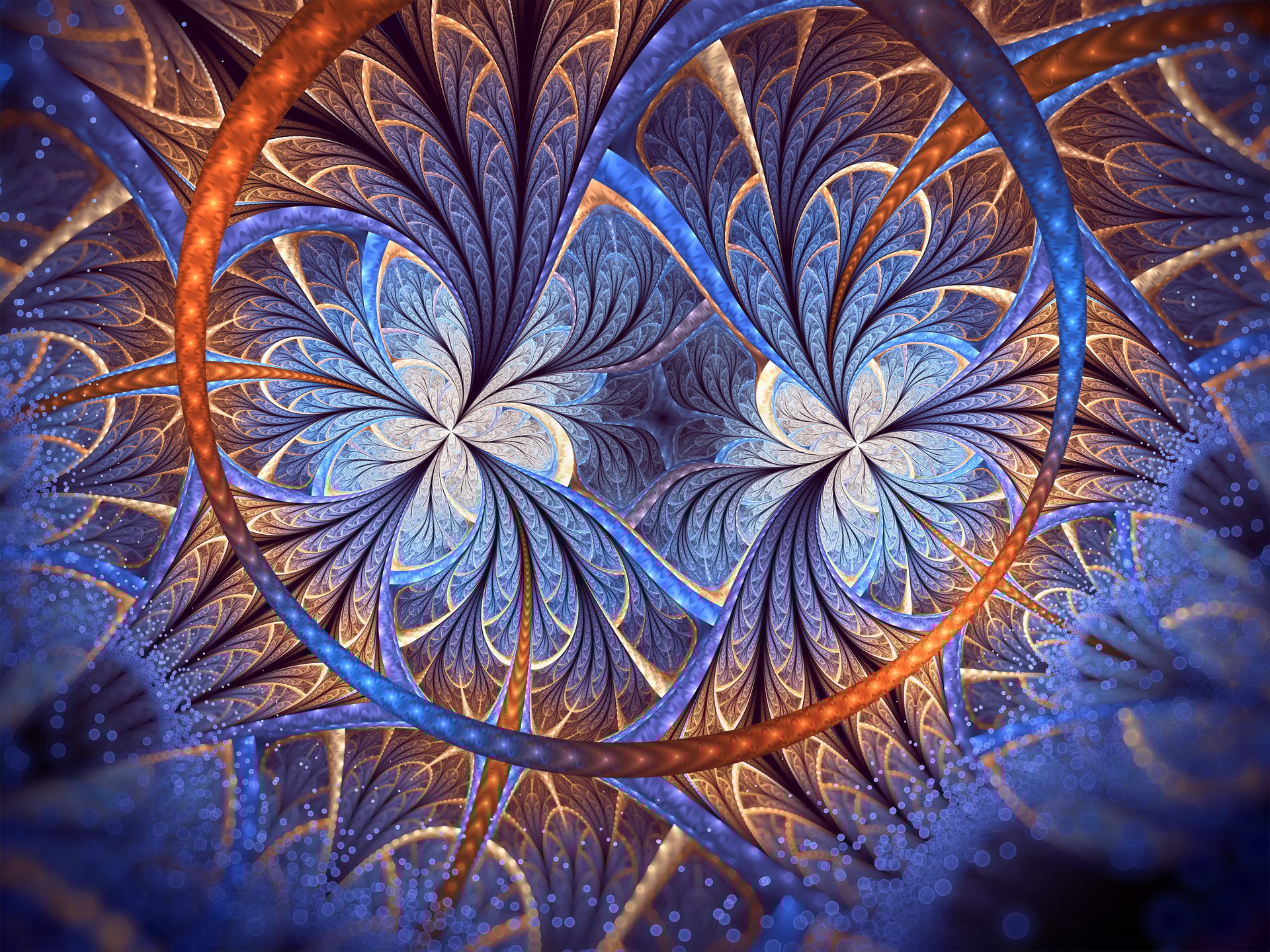 Abstract floral fractal art background. Spirituality concept. Butterfly or petal shapes with metallic borders.