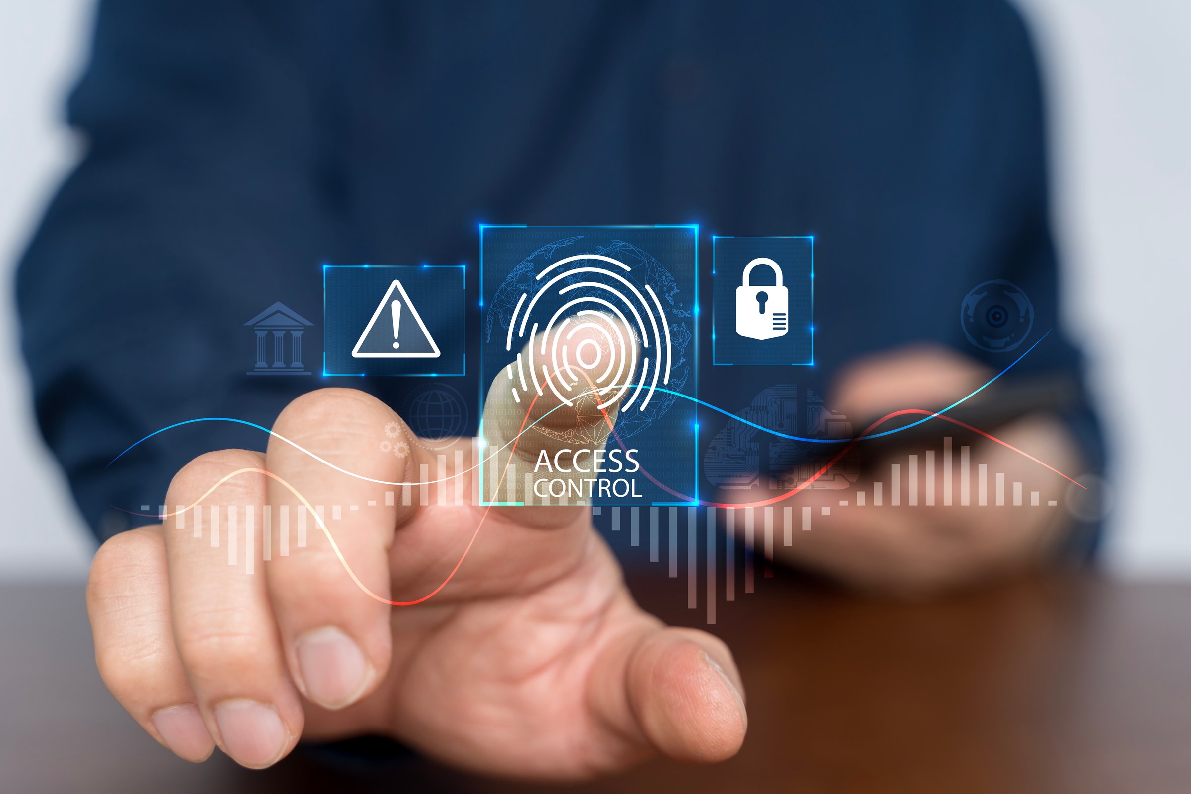 Access control concept. Businessman using mobile smartphone with virtual access control icon for access security personal data. Automatic access control system