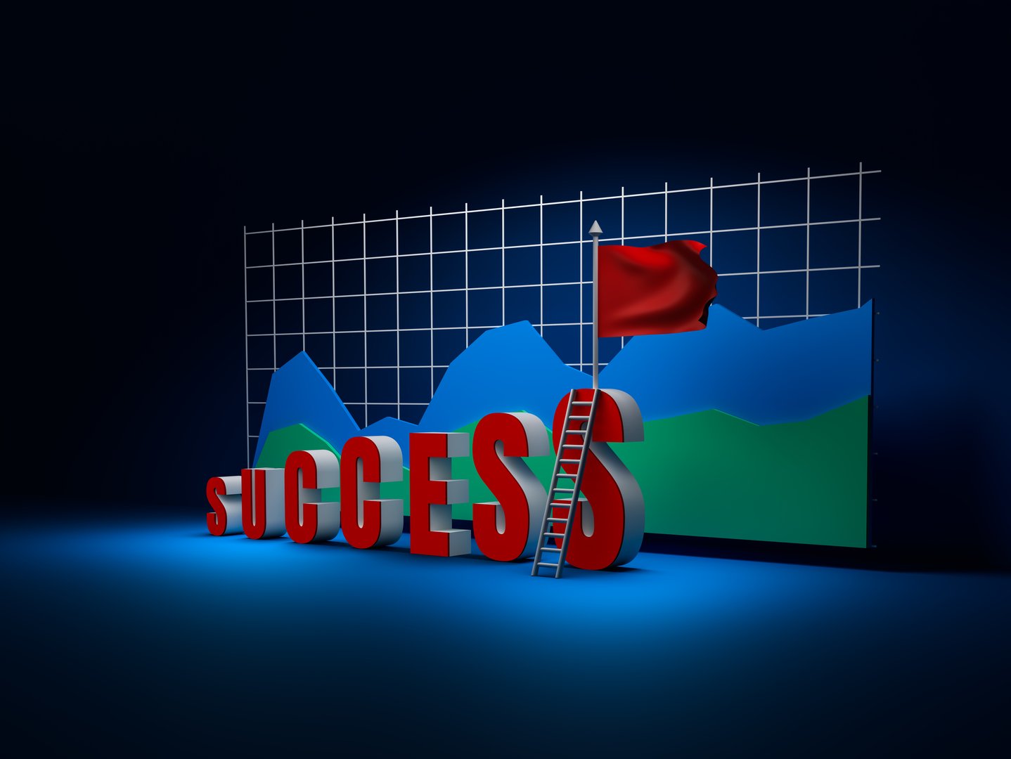 The letters of the word success arranged in steps in front of graph income represent the words victory, being number one, peak, success.