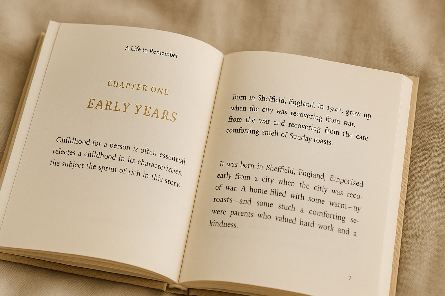 Open book spread showing LegacyPrints life story pages