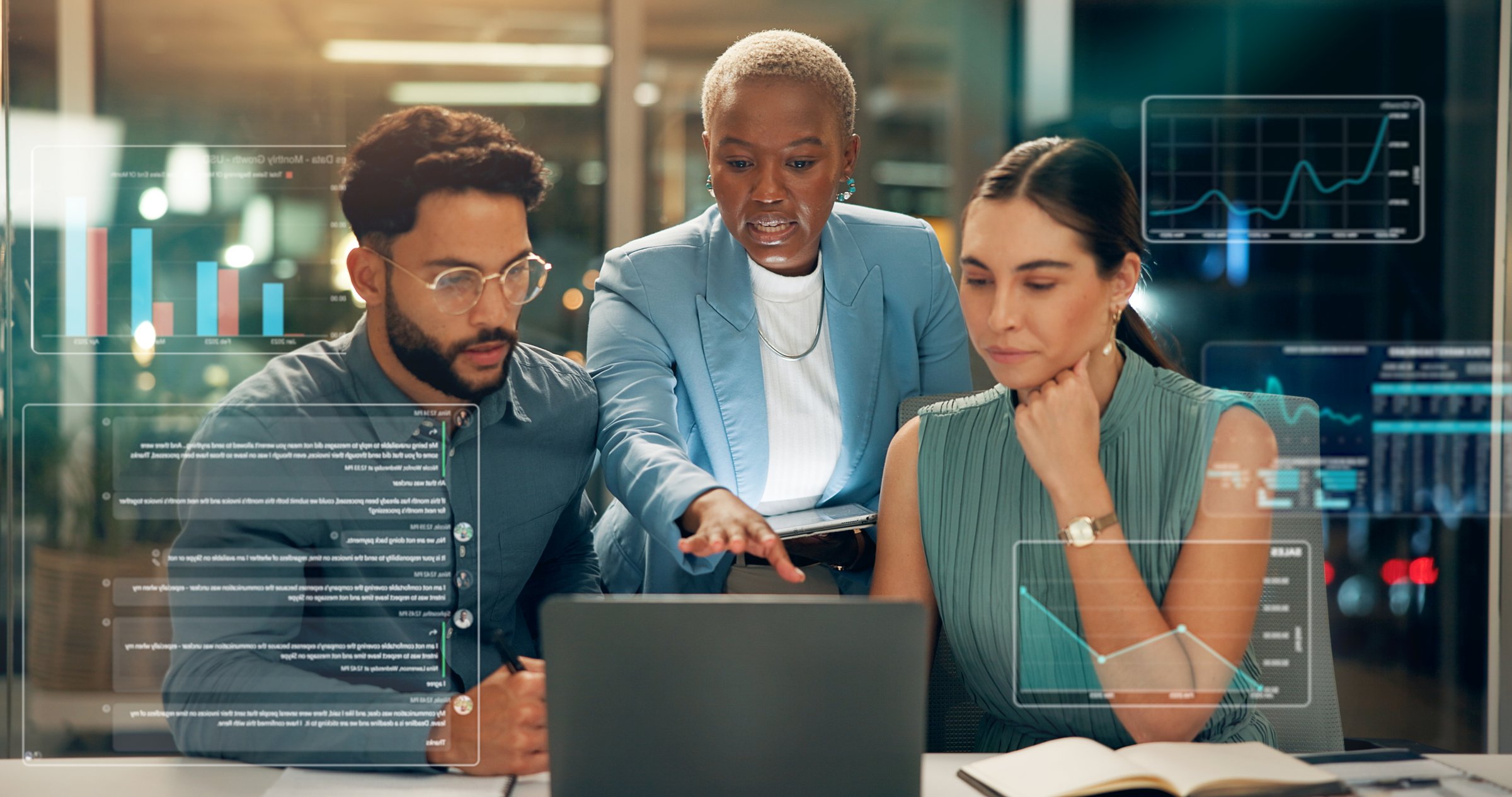 Team working late night analyzing data
