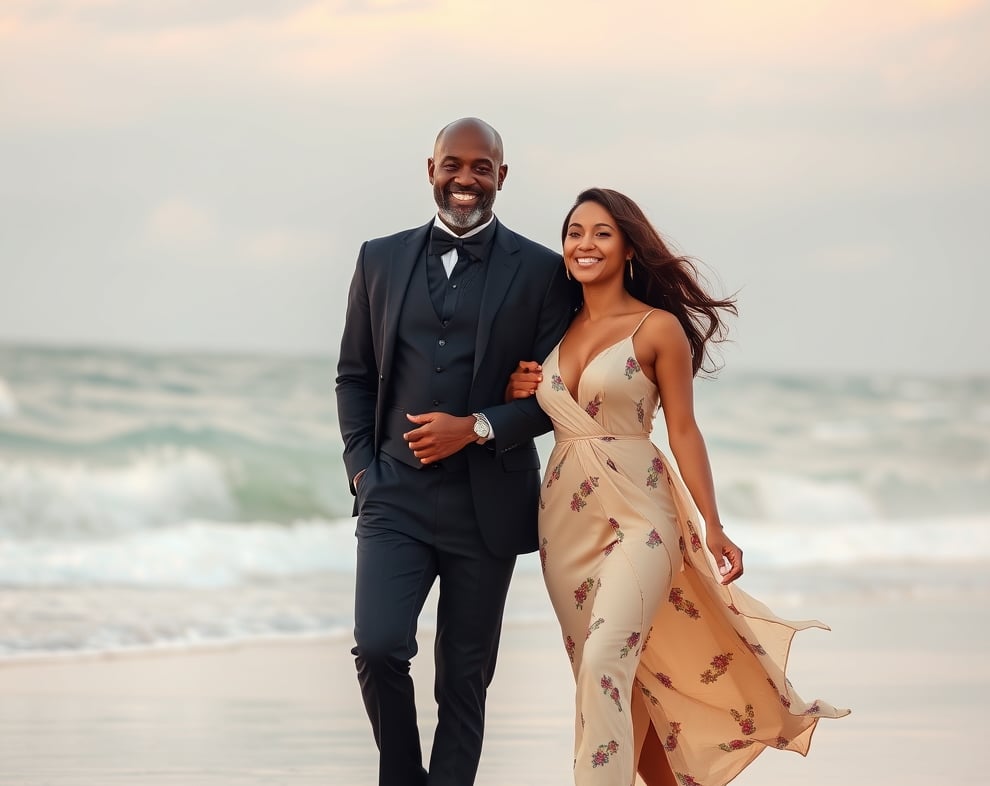 A smiling couple in formal attire walks hand-in-hand along a beach at sunset, with waves and a cloudy sky in the background.
