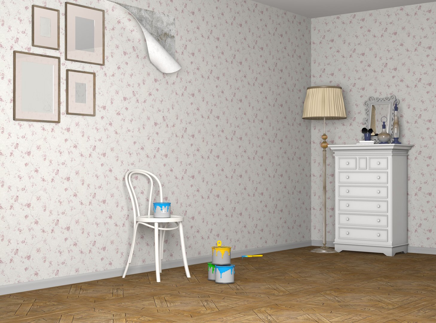 image shows a room being renovated with peeling floral wallpaper and paint cans ready for use. 3d rendering