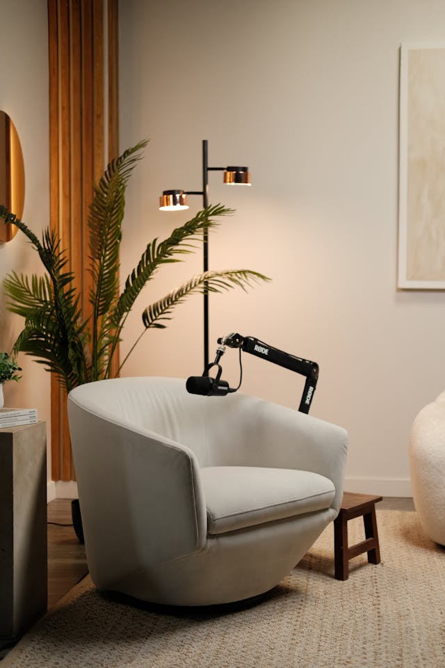 Modern podcast setup with a swivel chair, microphone on an arm, floor lamp, and potted plant in a cozy room.