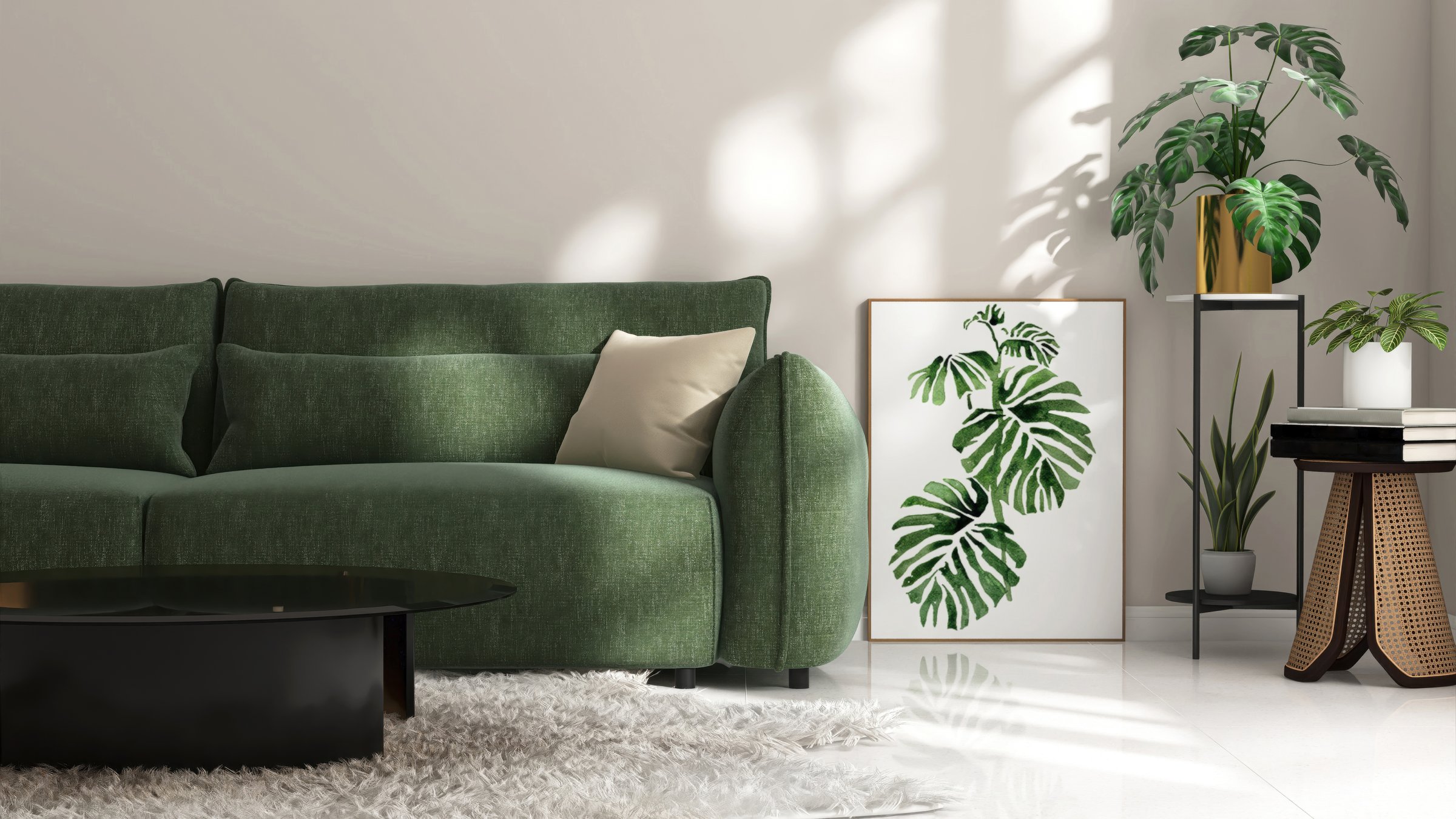 Modern, luxury living room with green sofa, round black coffee table, monstera tree, plant, poster frame in sunlight from window for elegant interior design decoration, product background 3D