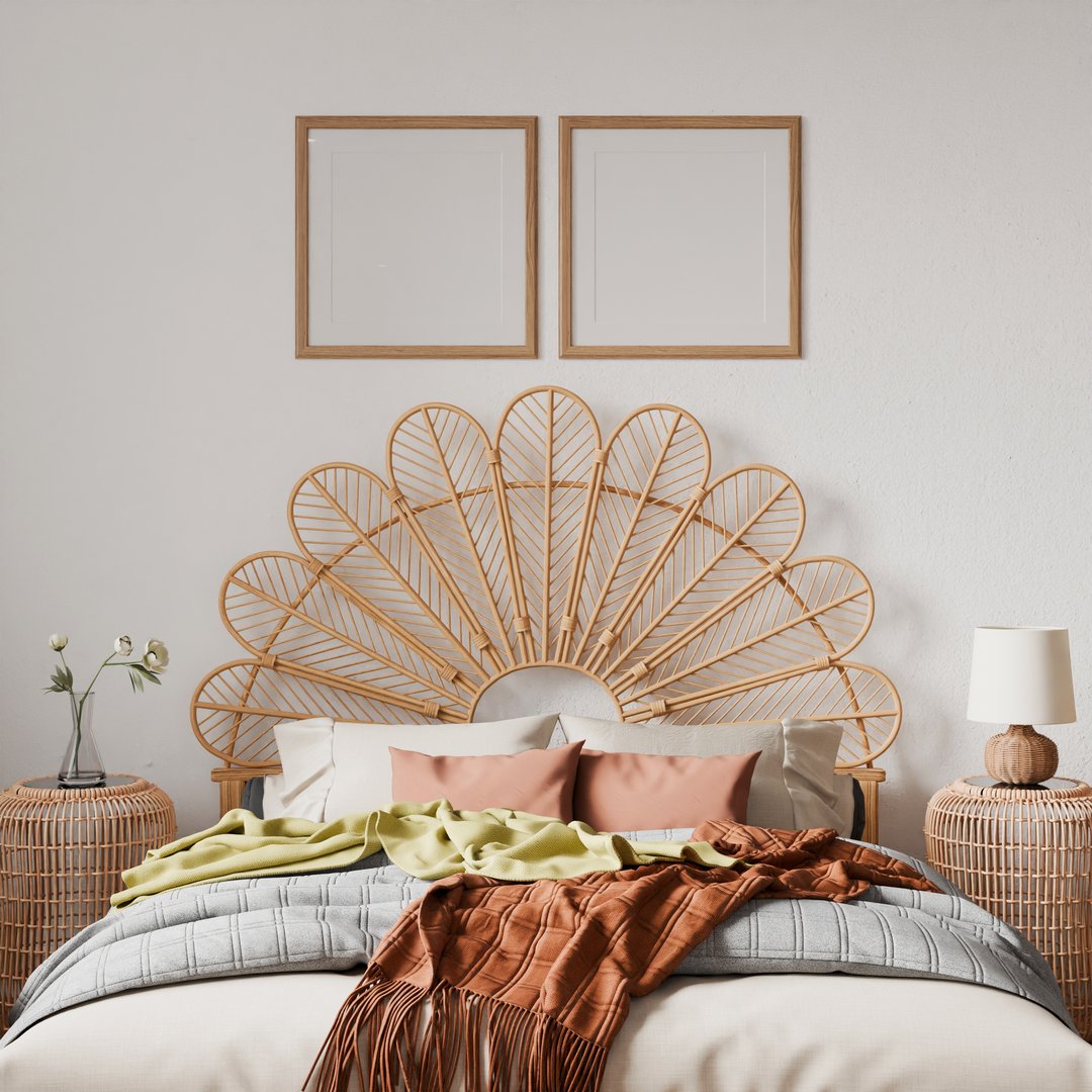 two frame mockup, bedroom cozy farmhouse style home interior, bed empty headboard wood pattern and wall background. room 3D render