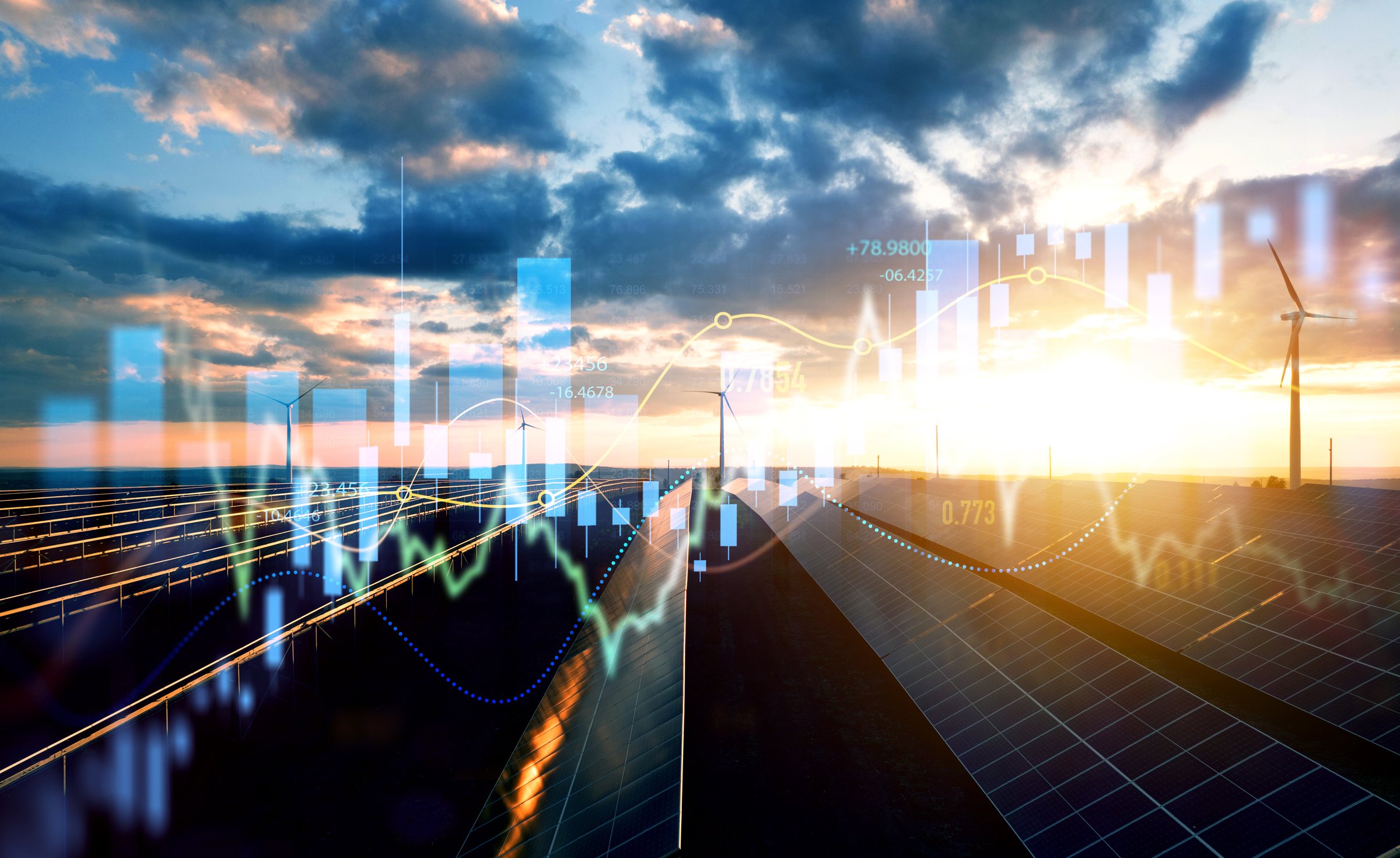 Increase or rising in electricity prices on the world market. Photovoltaic power station with double exposure of digital financial chart graphs and stock market.Green energy in full development.