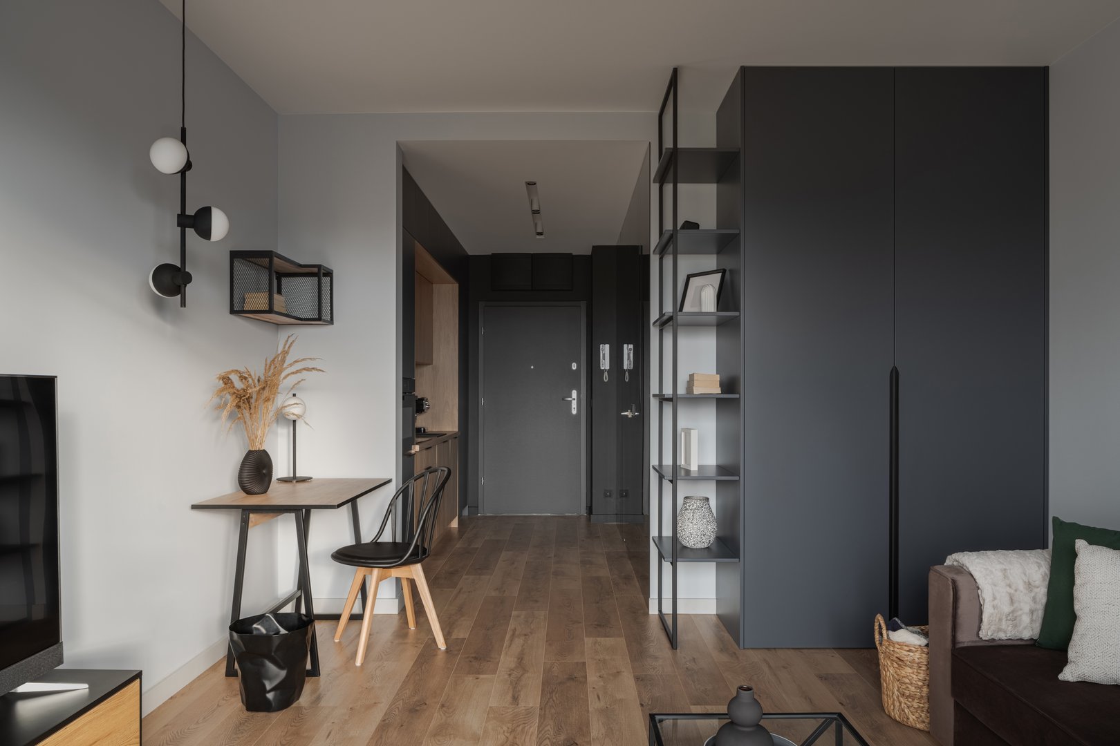 Stylish micro apartment for one, with living room open to home office and kitchen in corridor