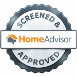 HomeAdvisor badge with the text Screened &amp; Approved featuring a house icon on a circular design.