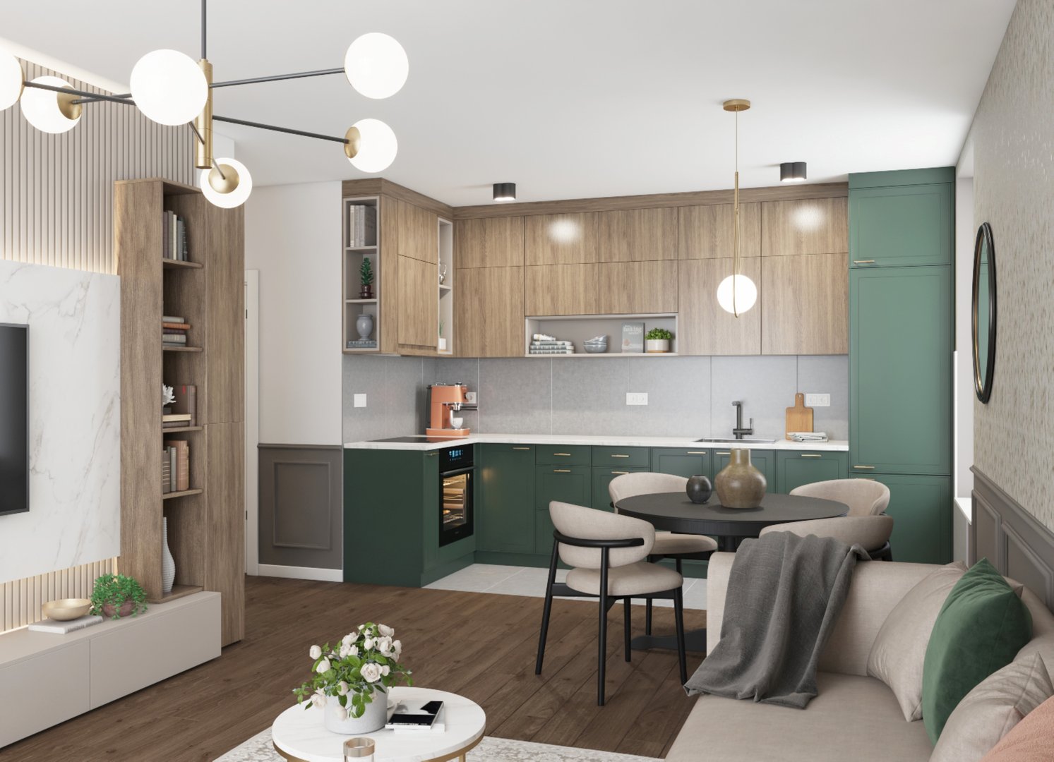 Contemporary apartment with a bright open-plan design, featuring a kitchen, dining area, and a comfortable, well-decorated living room adorned with modern furniture and tasteful decorations for optimal functionality and aesthetics.