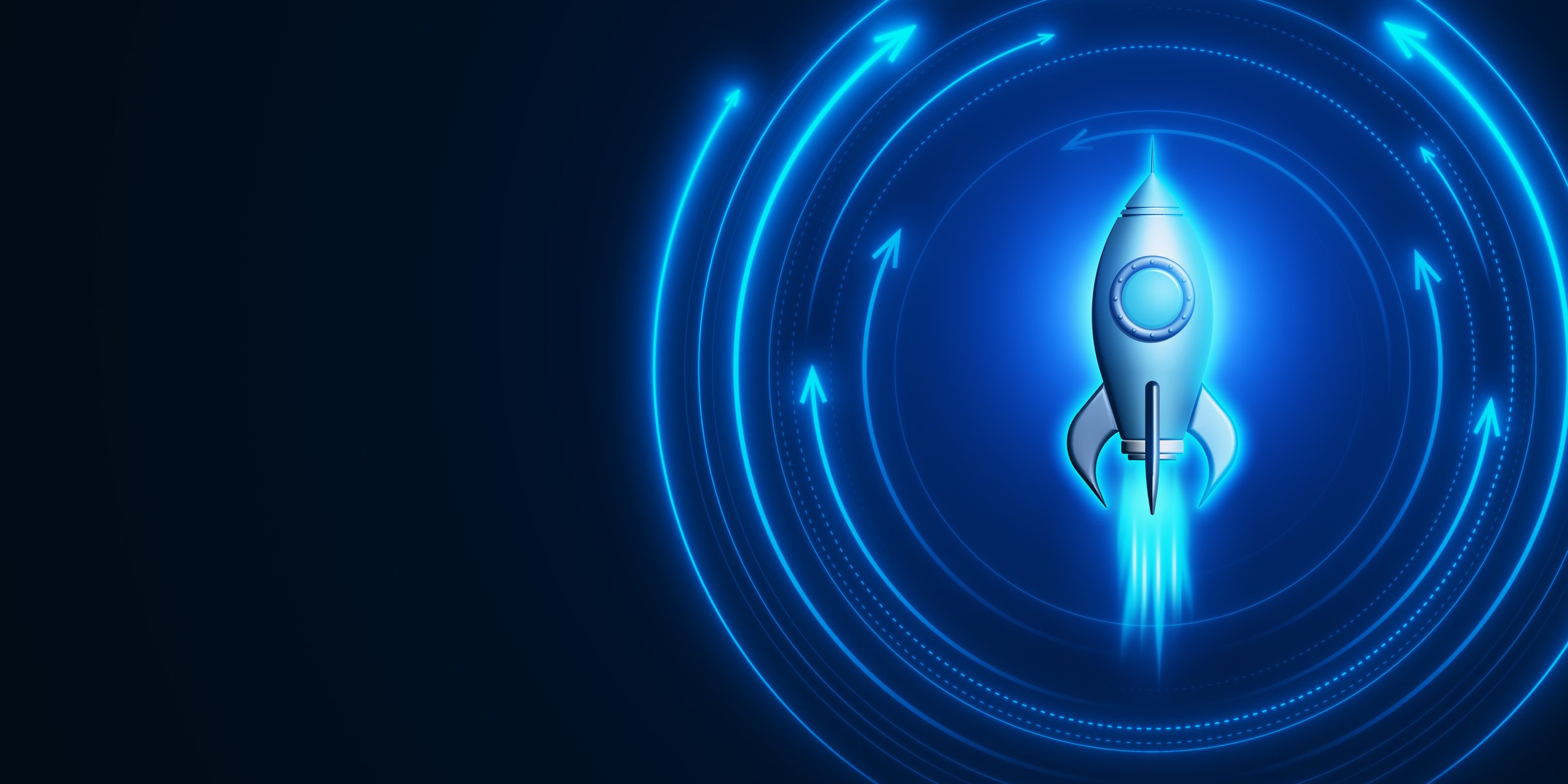 GeniuPages Logo - Image of a blue rocket launching upwards, surrounded by neon arrows on a dark blue background. Symbolizing technology and startup success. 3D Rendering