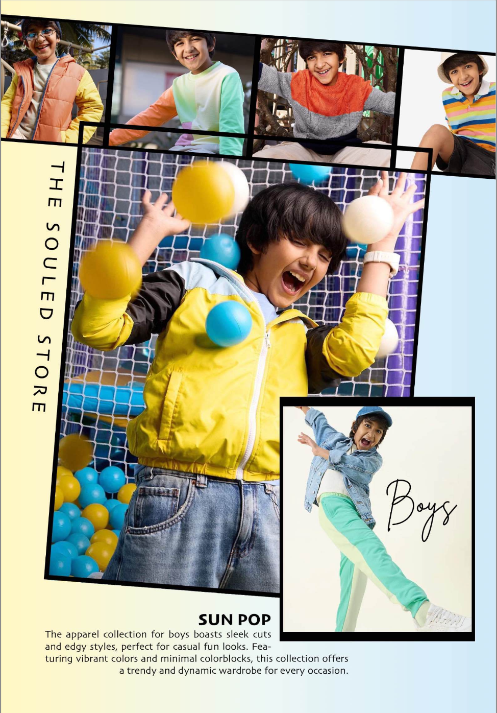 Boys model playful outfits from The Souled Store, featuring vibrant, casual styles and minimal colorblocks on a colorful backdrop.