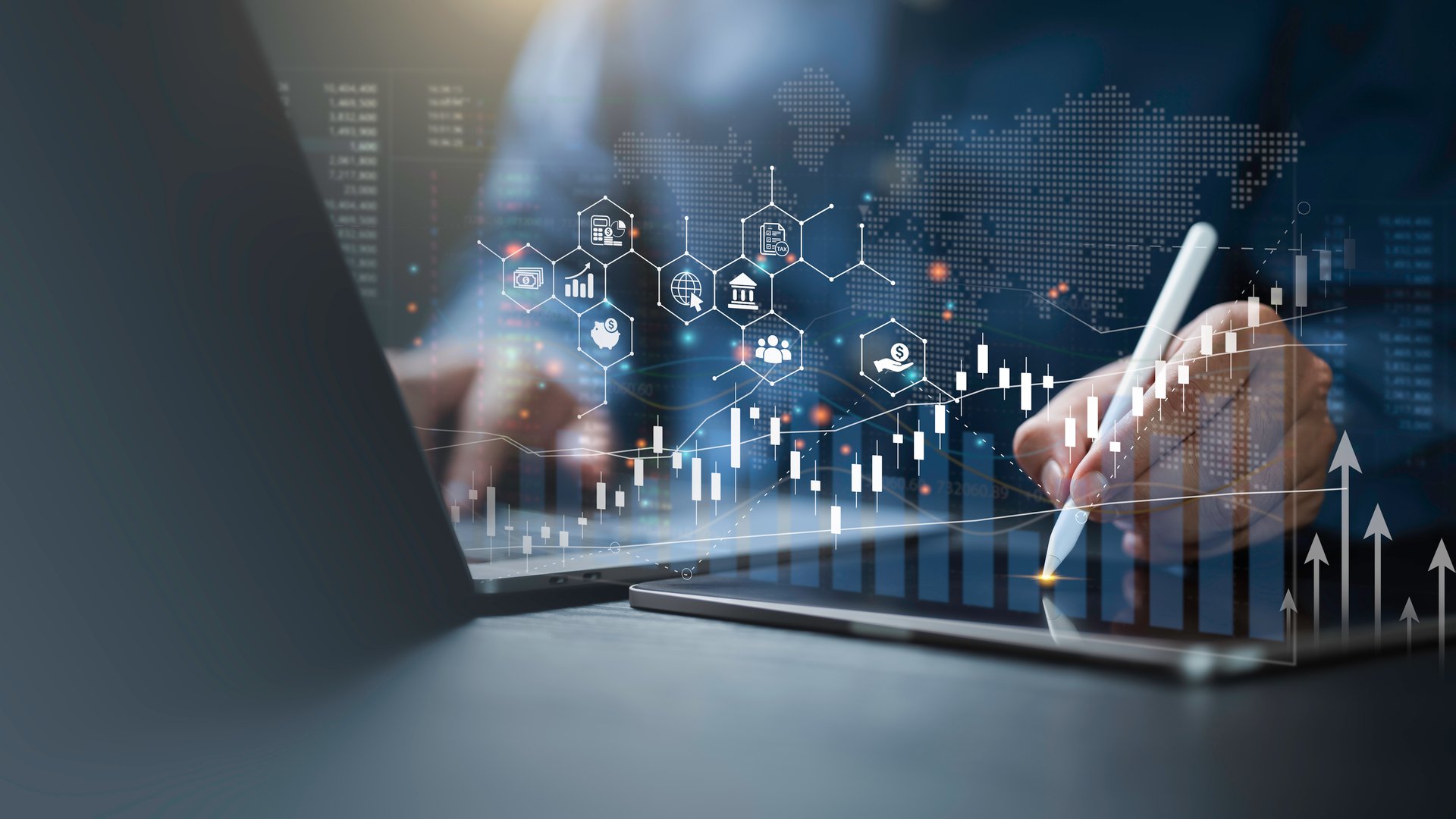 Business finance and investment concept. Businessman analyzing market data or financial graph report for strategy, planning and solution to risk management. Banking and economic growth.