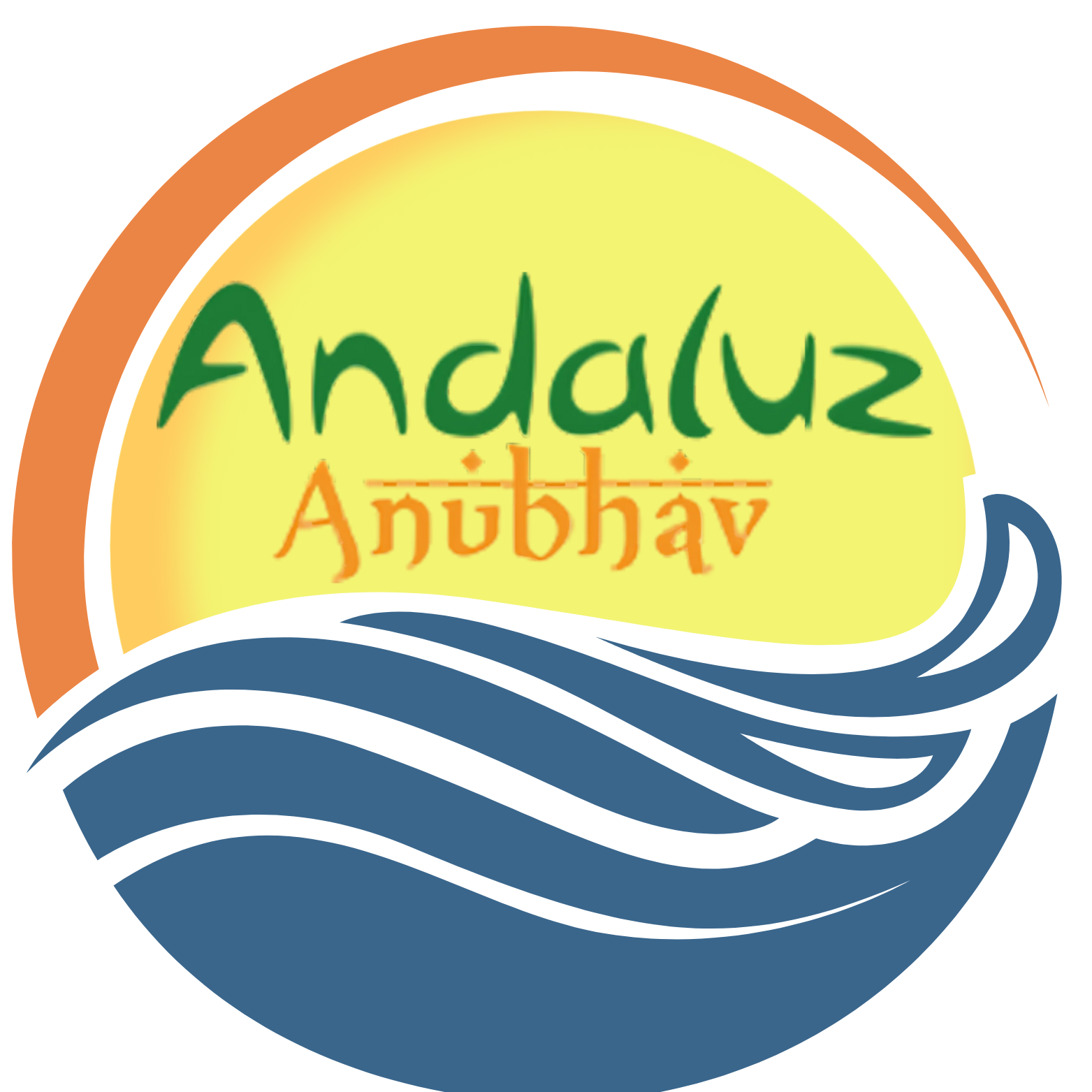 Logo with a sun, blue waves, and the text Andaluz Anubhav, featuring green and orange colors.