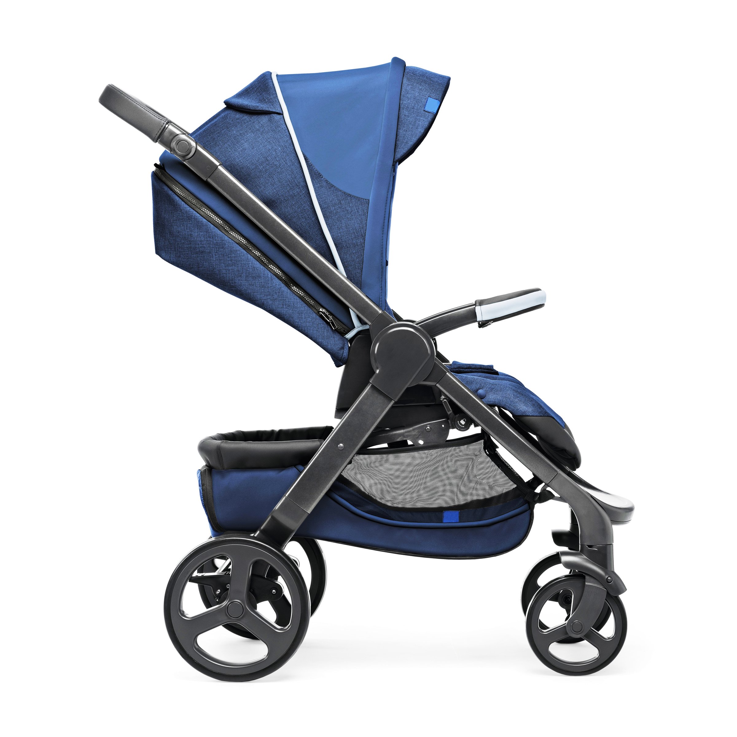 Blue Baby Transport Isolated on White Background. Side View of Stroller. Travel System with Canopy and Swivel Front Wheels. Infant Carriage Seat. Pushchair or Pram with Adjustable Showerproof Hood