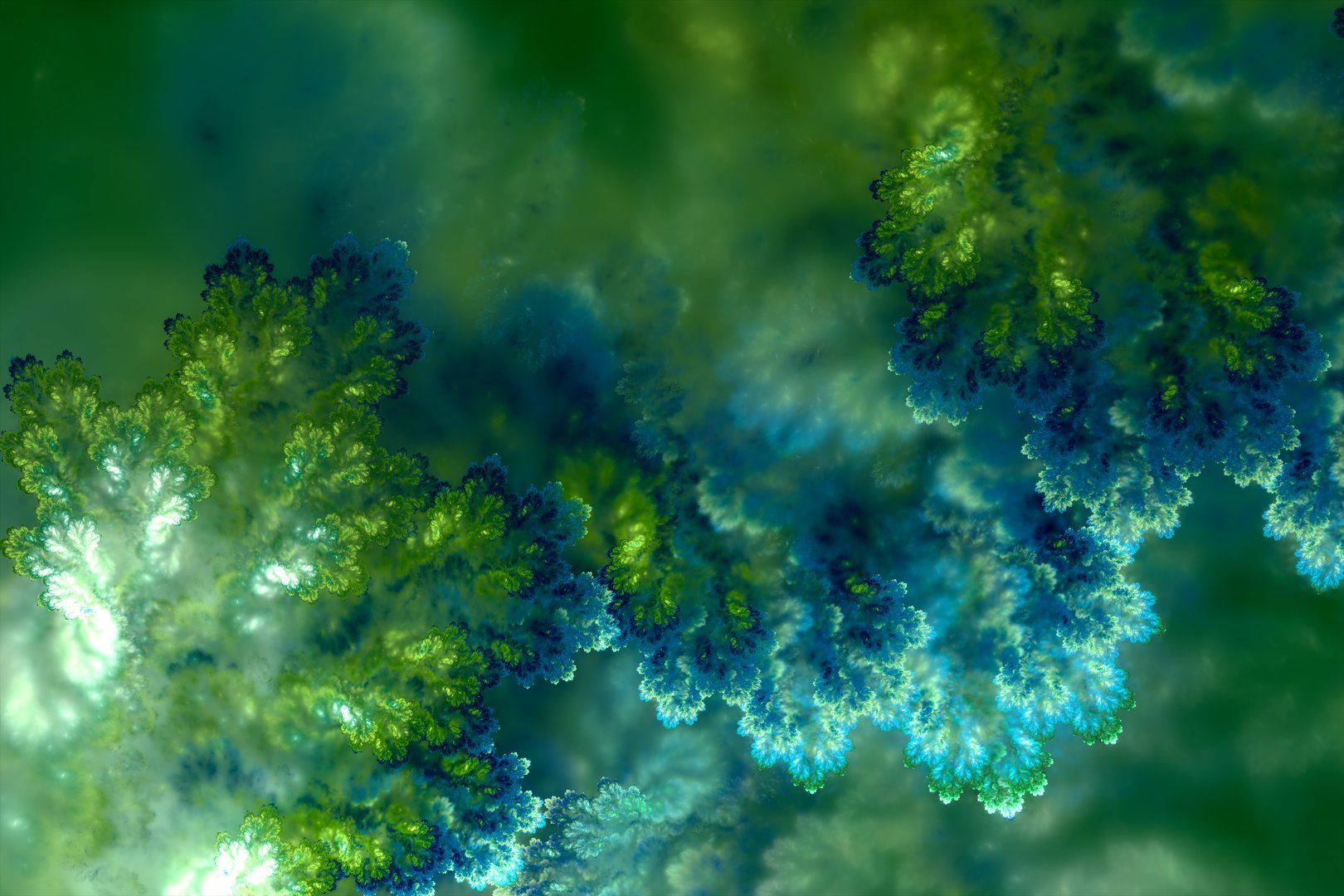 Fractal art resembling ink spreading or bioluminescent plants. Green, blue abstract background.
