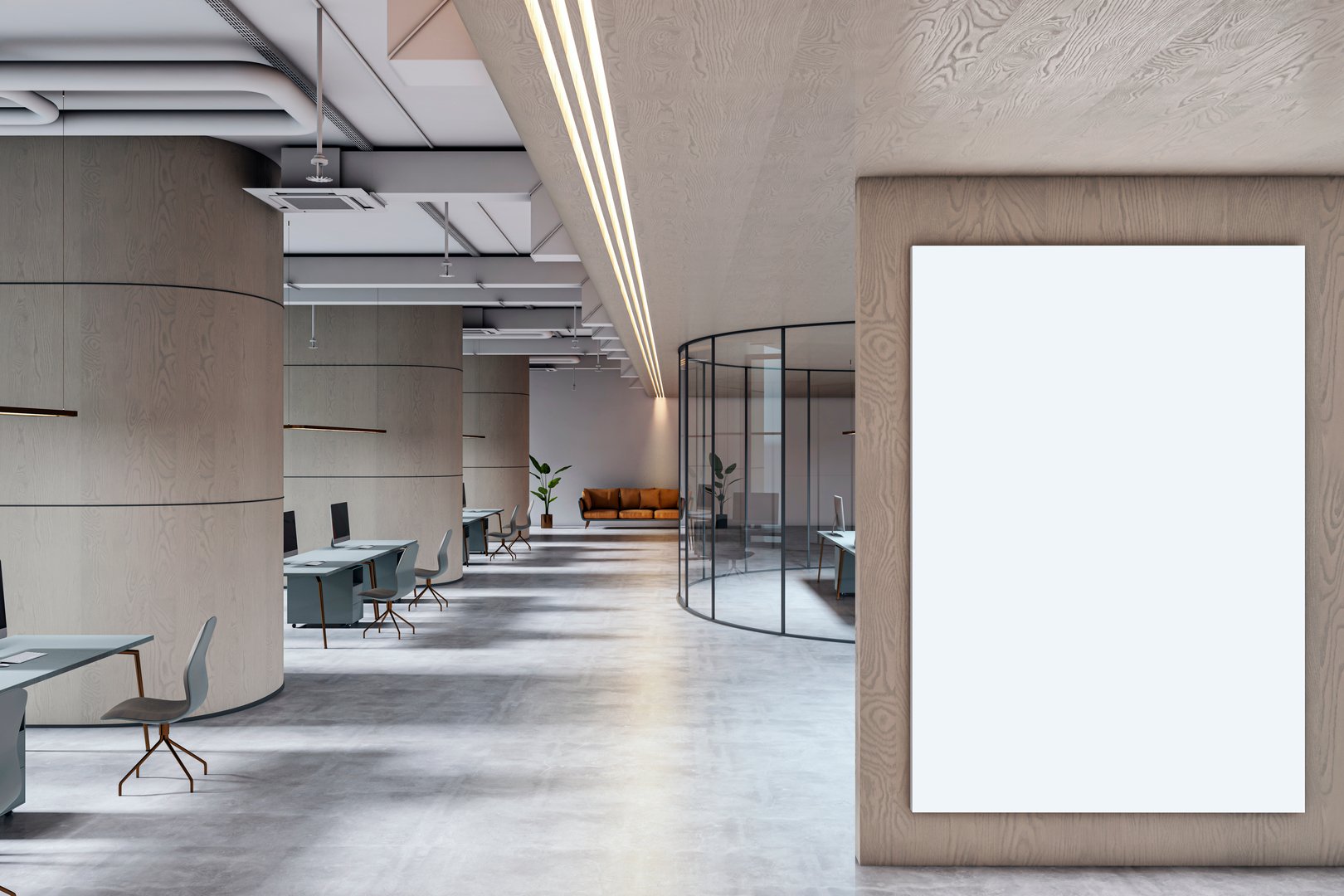 Vertical blank poster frame in contemporary office space with modern open layout, glass walls, wood finishes, and concrete floor. 3D Rendering