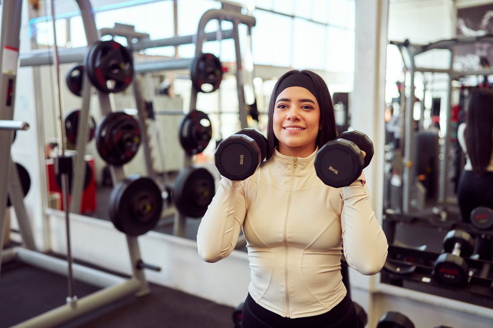Hispanic sportswoman exercising with dumbbells