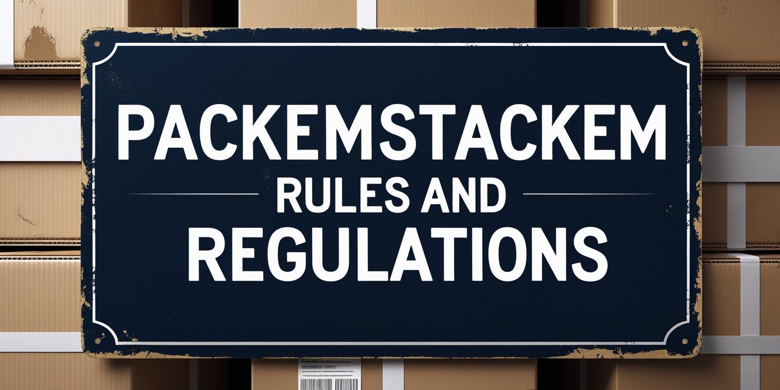 PackEmStackEm Rules and Regulations sign with dark blue background and packing boxes