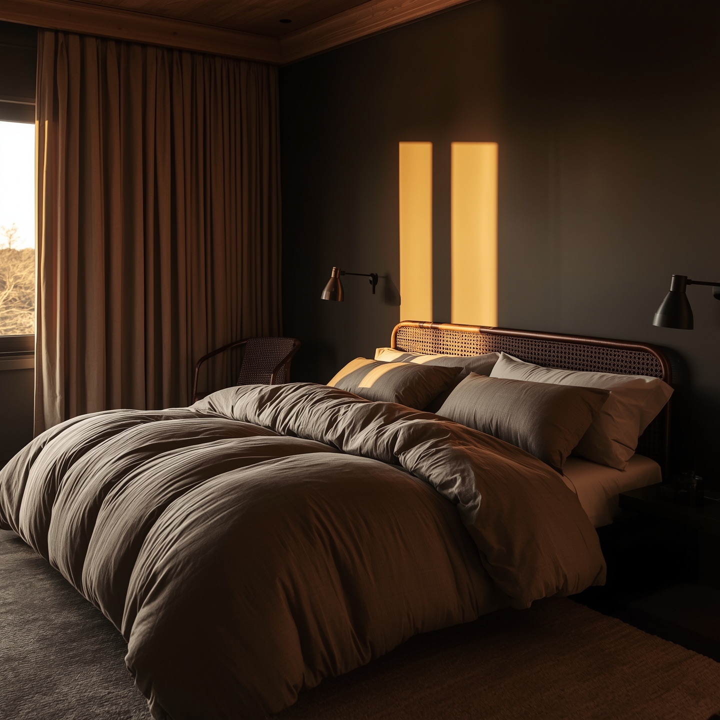 Elegant mørkt soverom med lin-sengetøy