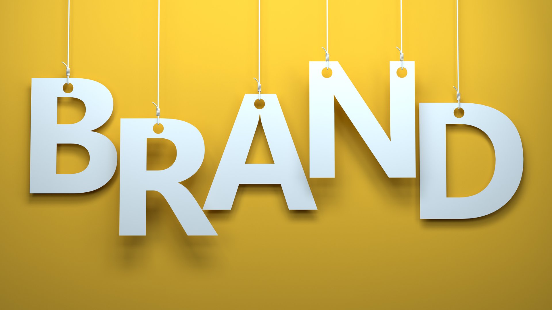 Brand text message with hanging rope on yellow background. 3D render.