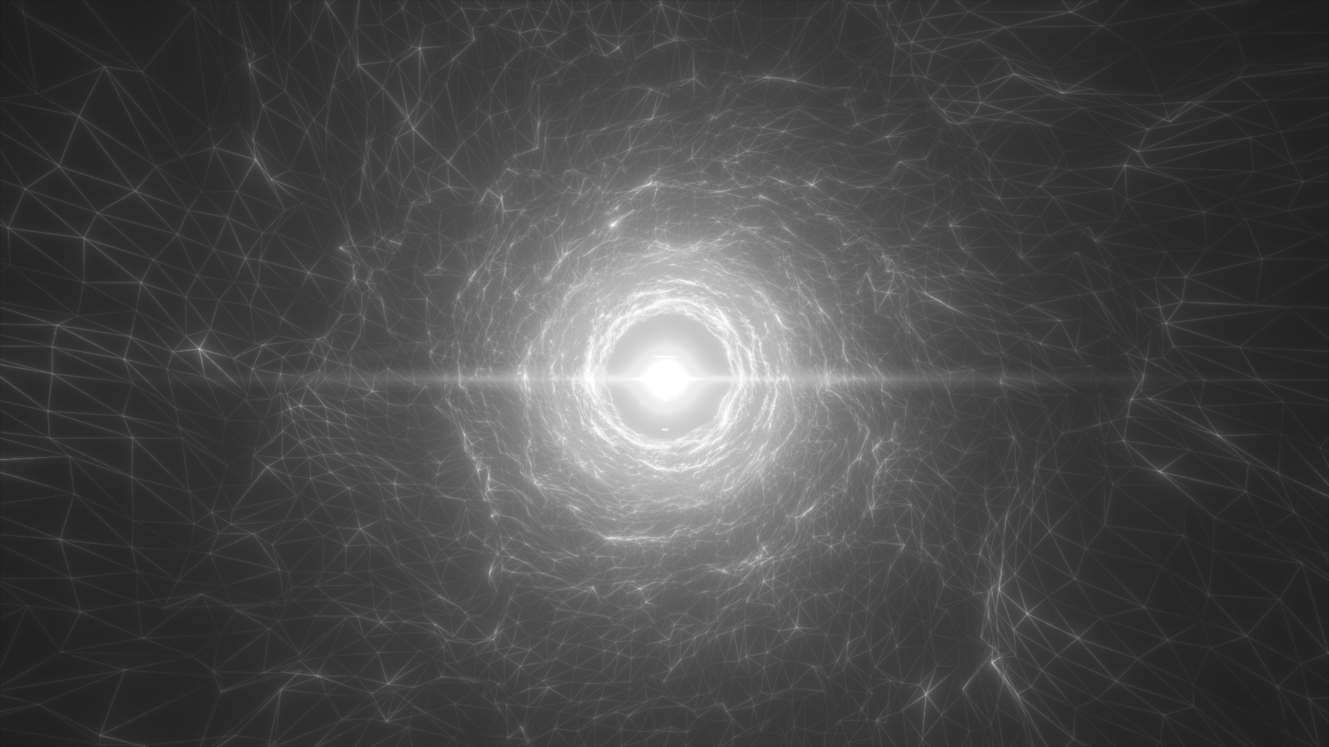 Bright glowing geometric tunnel with wireframe mesh on a dark background, radiating energy and digital power.