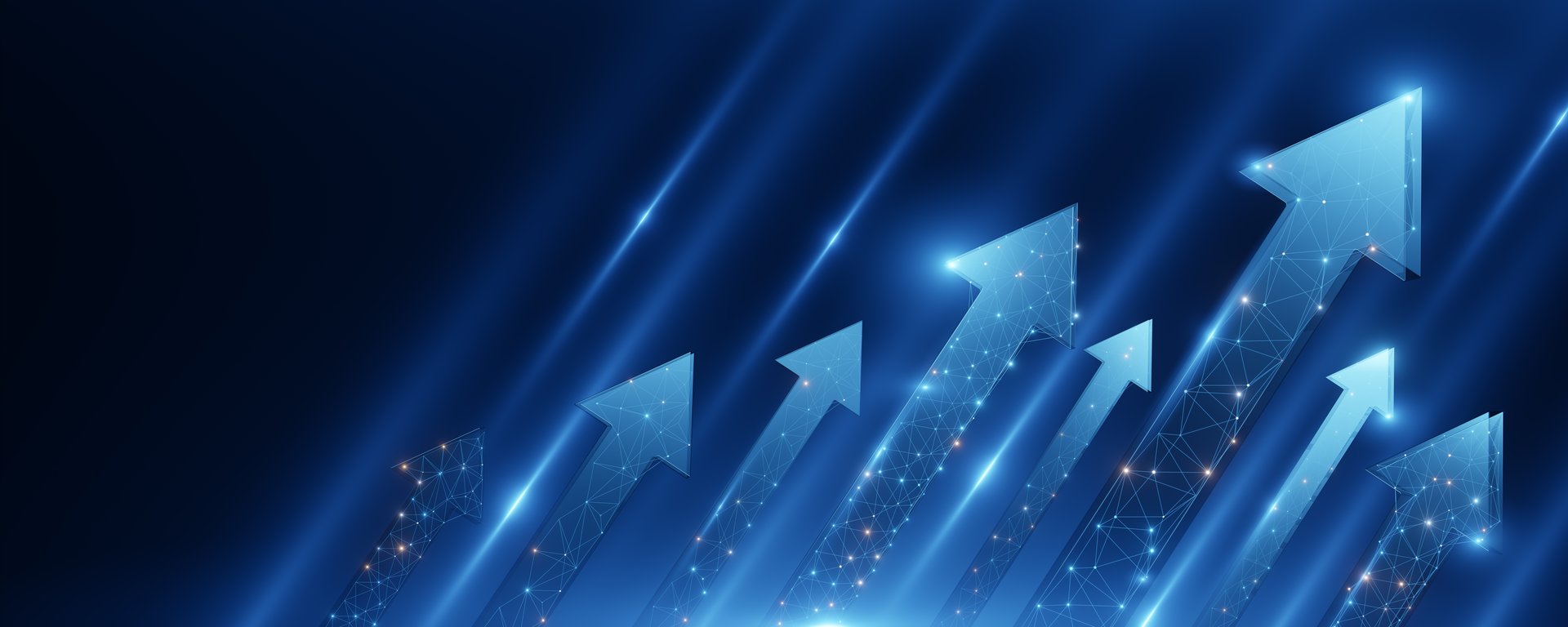 Abstract glowing arrows with a digital network design representing business growth, success, and upward progress in a futuristic, tech-driven environment.