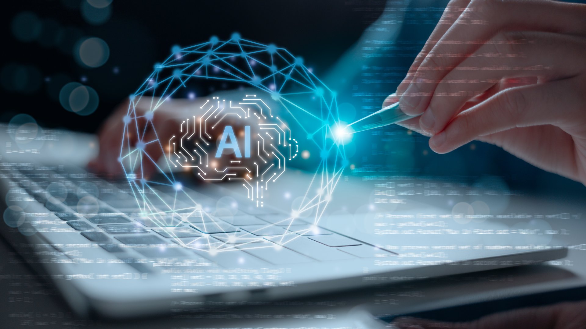 Close-up of hands using laptop and pen with glowing AI interface. Concept of artificial intelligence, data science, machine learning, neural network, and future digital technology integration.