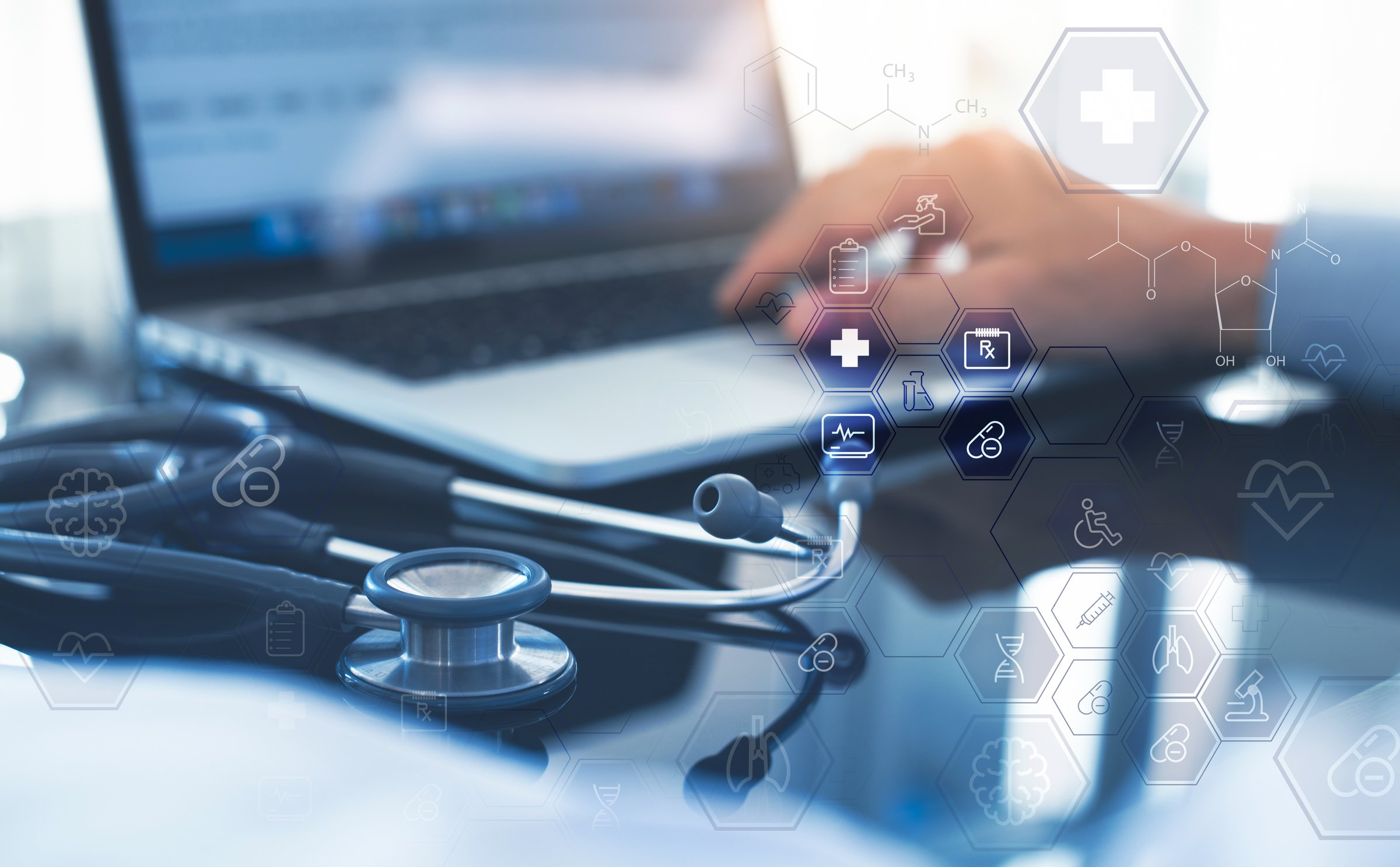 Medical technology, telemedicine, virtual hospital, internet network, online health, medical research concept. Doctor working on laptop computer with health technology icons