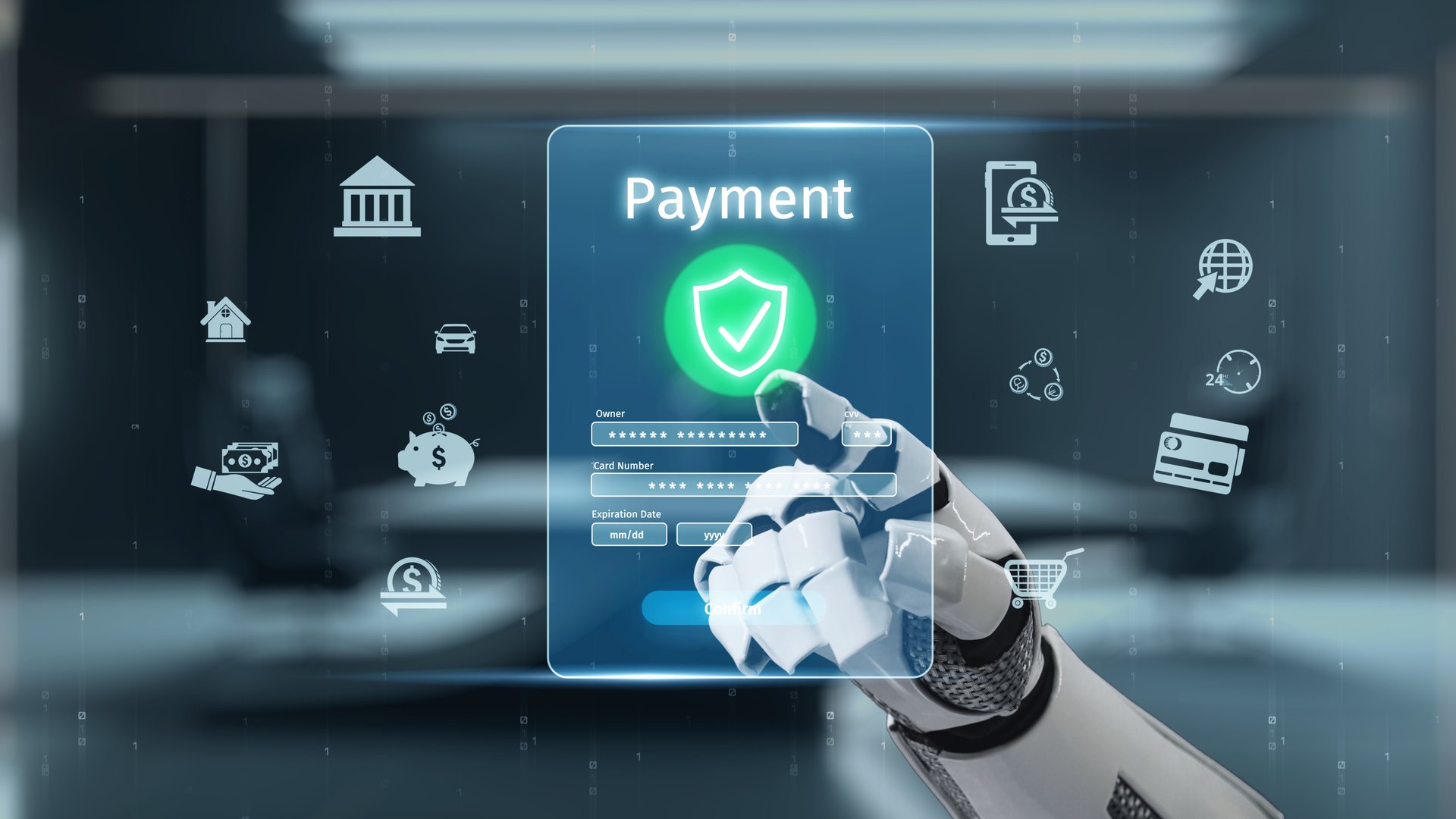 A robotic hand interacts with a digital payment interface, symbolizing advanced technology in finance. This image showcases security features and modern payment solutions. Auvana
